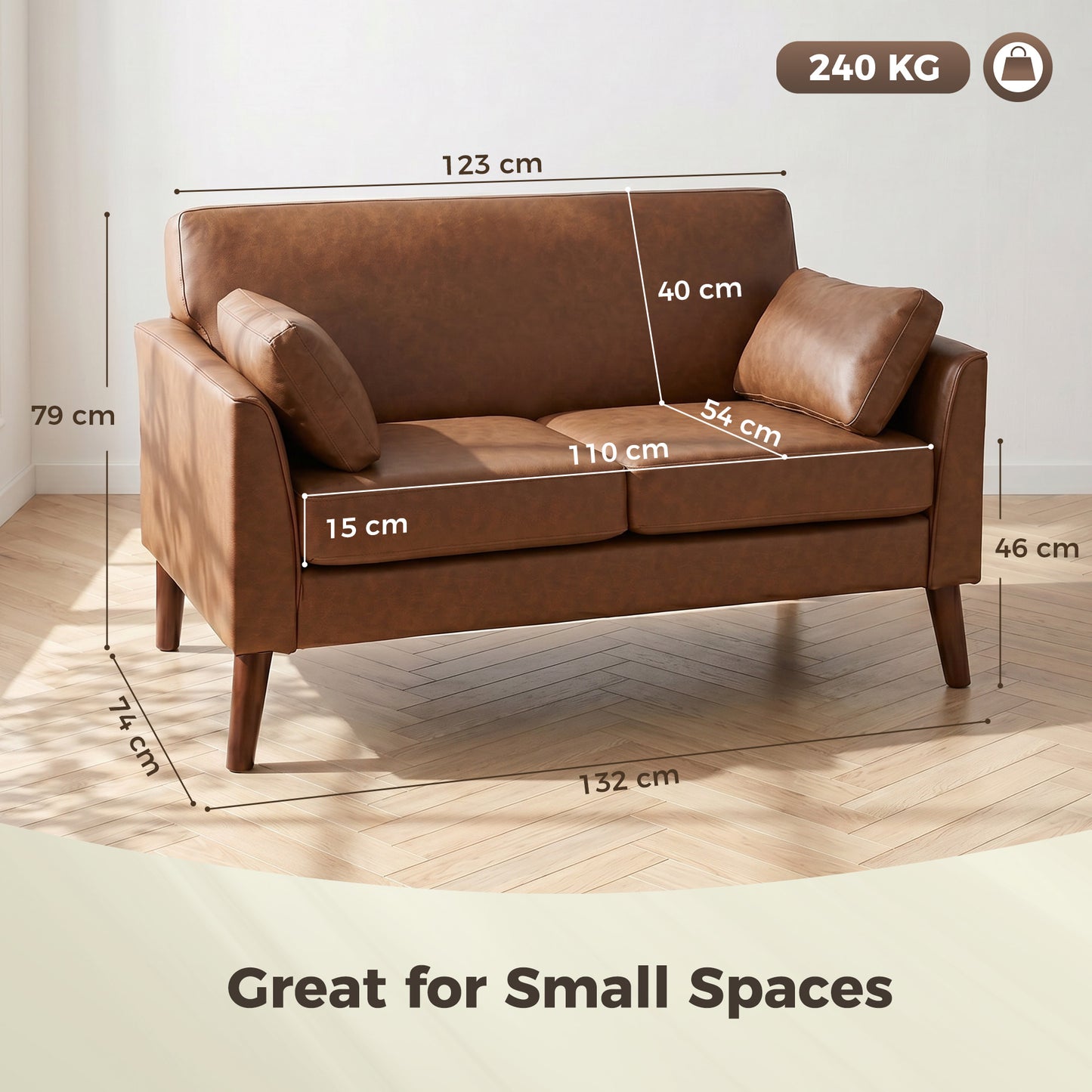 HOMCOM 2 Seater Sofa 132 Cm Modern Small Sofa With Solid Wood Legs And 2 Pillows For Small Space Brown