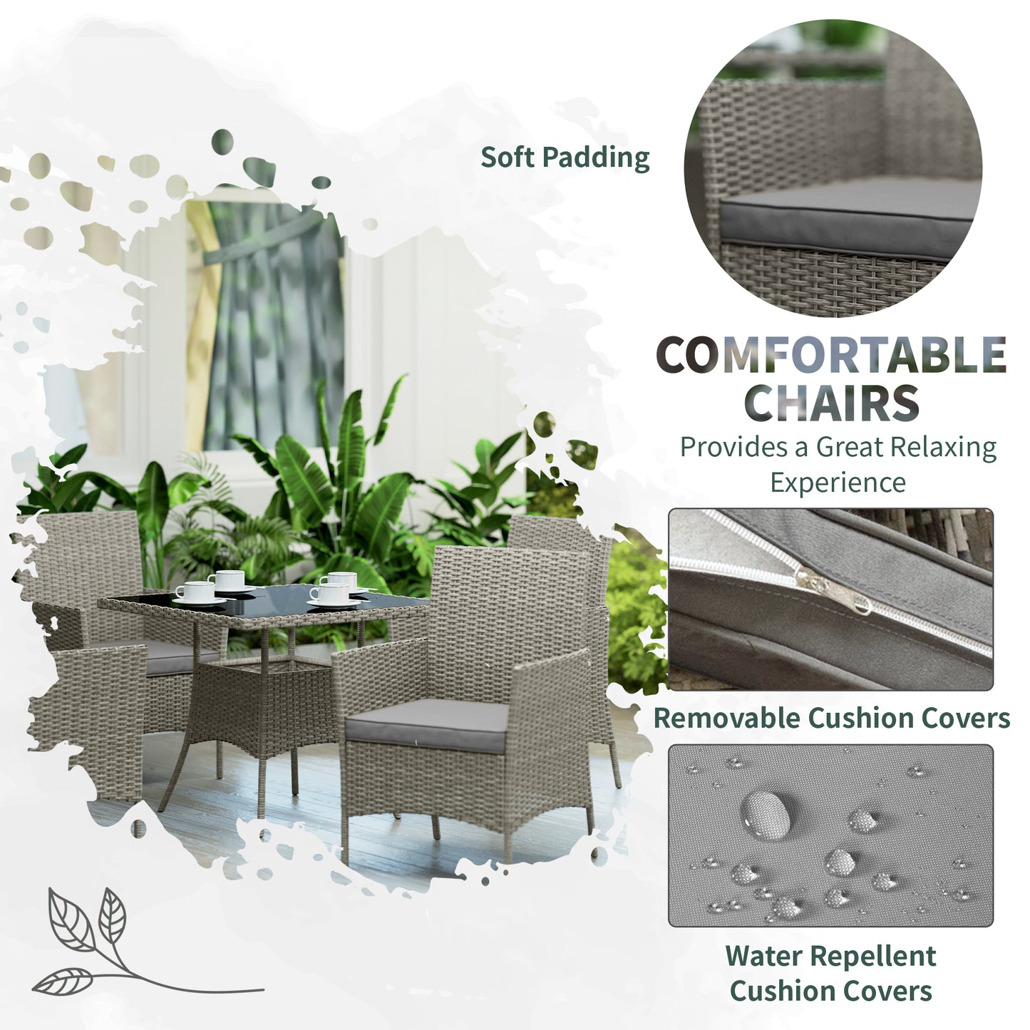 Outsunny Five Piece Rattan Dining Set Light Grey Four Chairs With Glass Table And Cushions