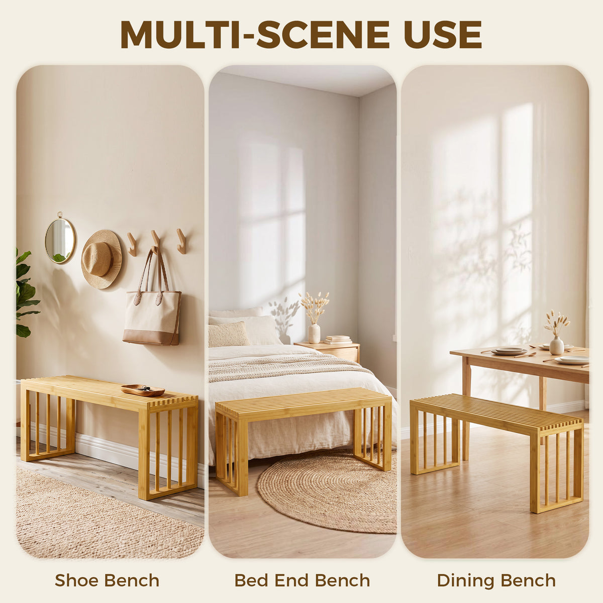 Bamboo bench shown in multiple uses: shoe bench, bed end bench, and dining bench