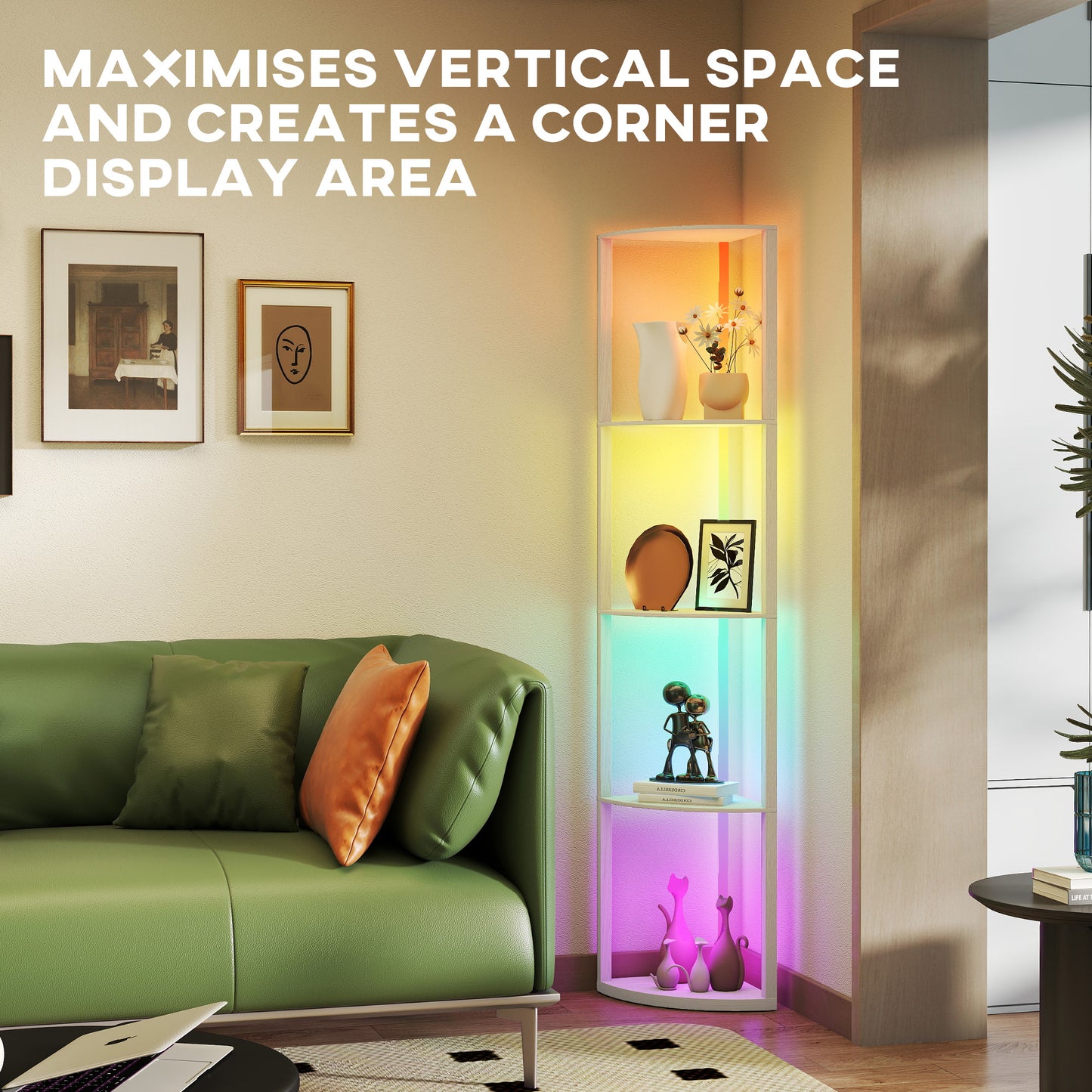 HOMCOM RGB LED Floor Lamp With Shelves Oak Finish 4 Tier Dimmable Standing Lamp With Remote Control