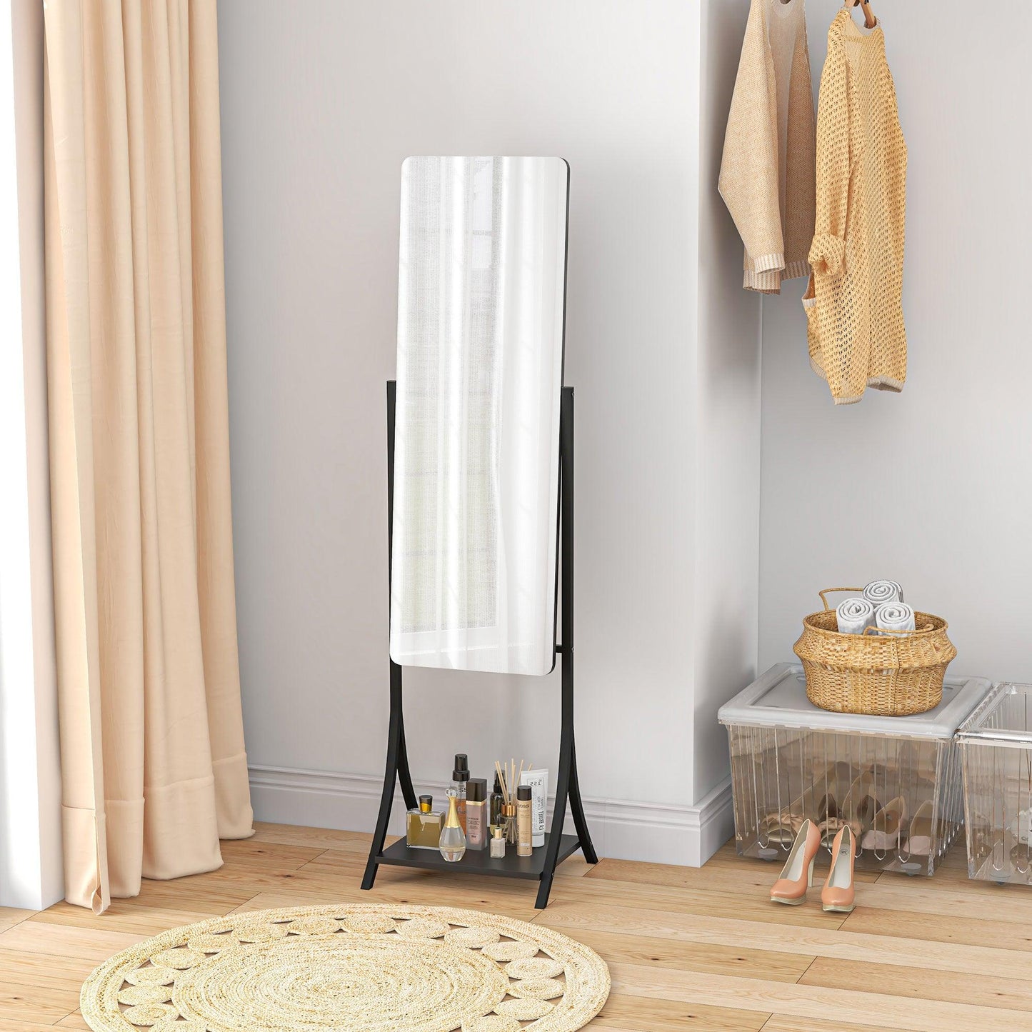 HOMCOM Freestanding Full Length Mirror Adjustable Full Body Mirror w/ Shelf - ALL4U RETAILER LTD