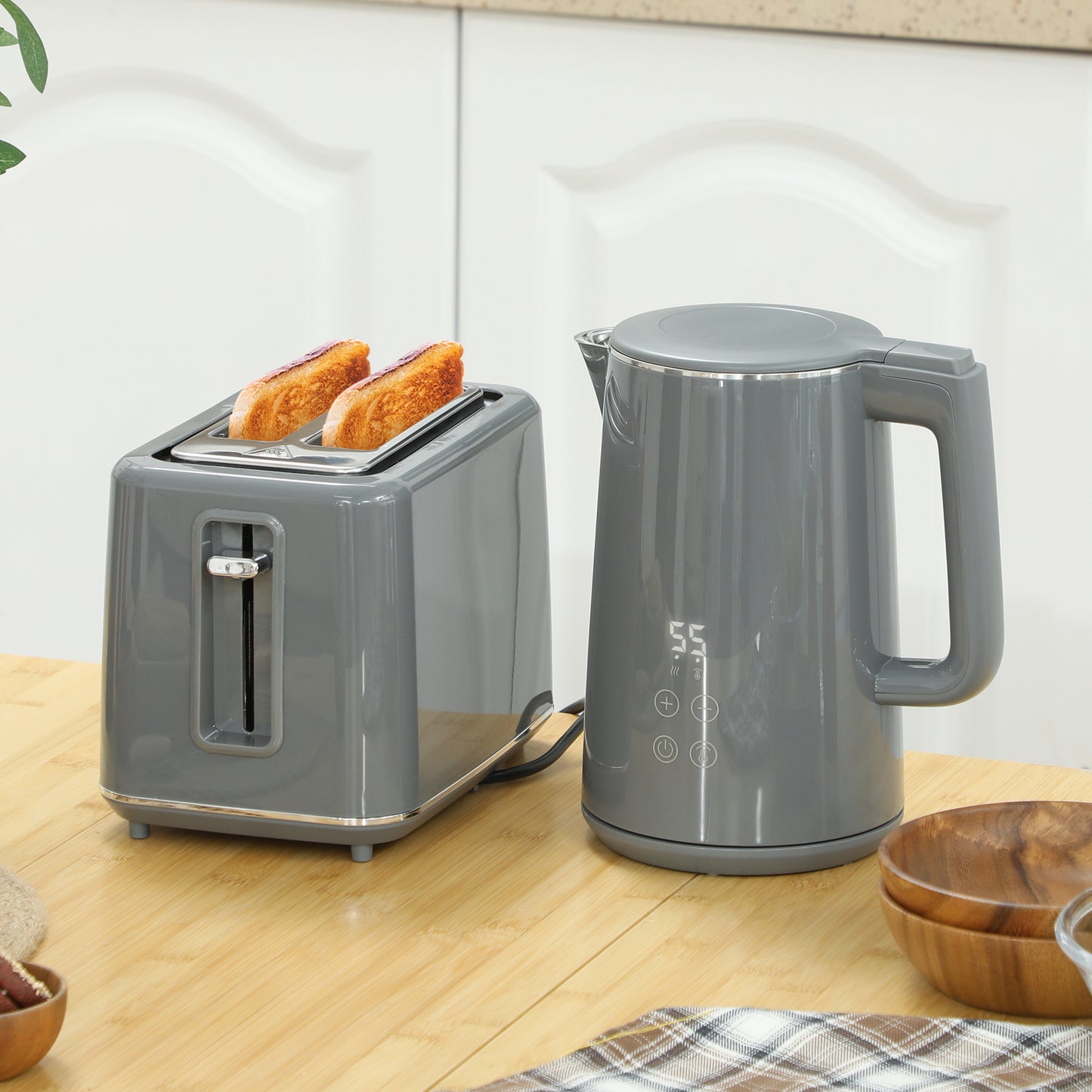 HOMCOM Digital Stainless Steel Kettle And Toaster Set 1.5L 3000W Boil Kettle And 2 Slice Toaster With 7 Browning Levels Grey