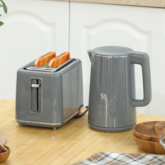 HOMCOM Digital Stainless Steel Kettle And Toaster Set 1.5L 3000W Boil Kettle And 2 Slice Toaster With 7 Browning Levels Grey