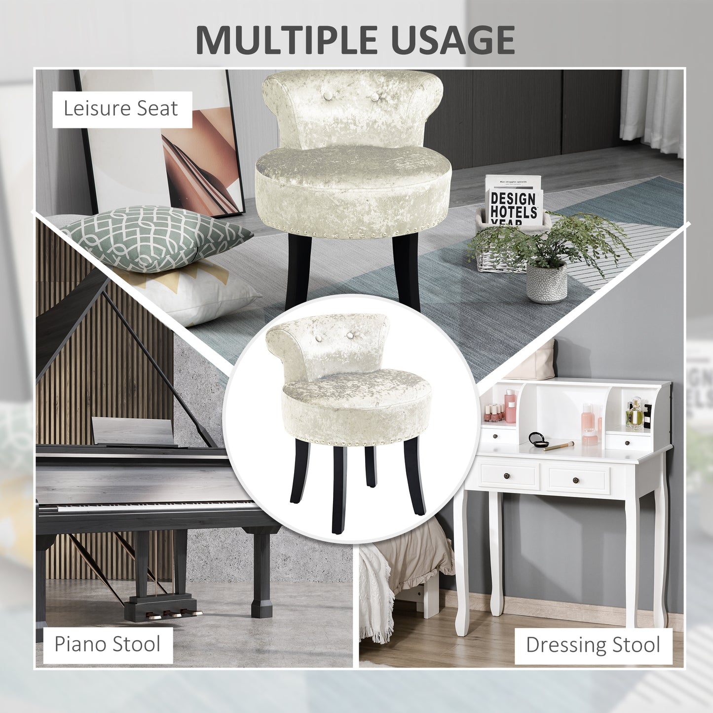 HOMCOM Dressing Table Stool With Rubber Wood Legs Ice Velvet Vanity Chair For Living Room And Bedroom Beige