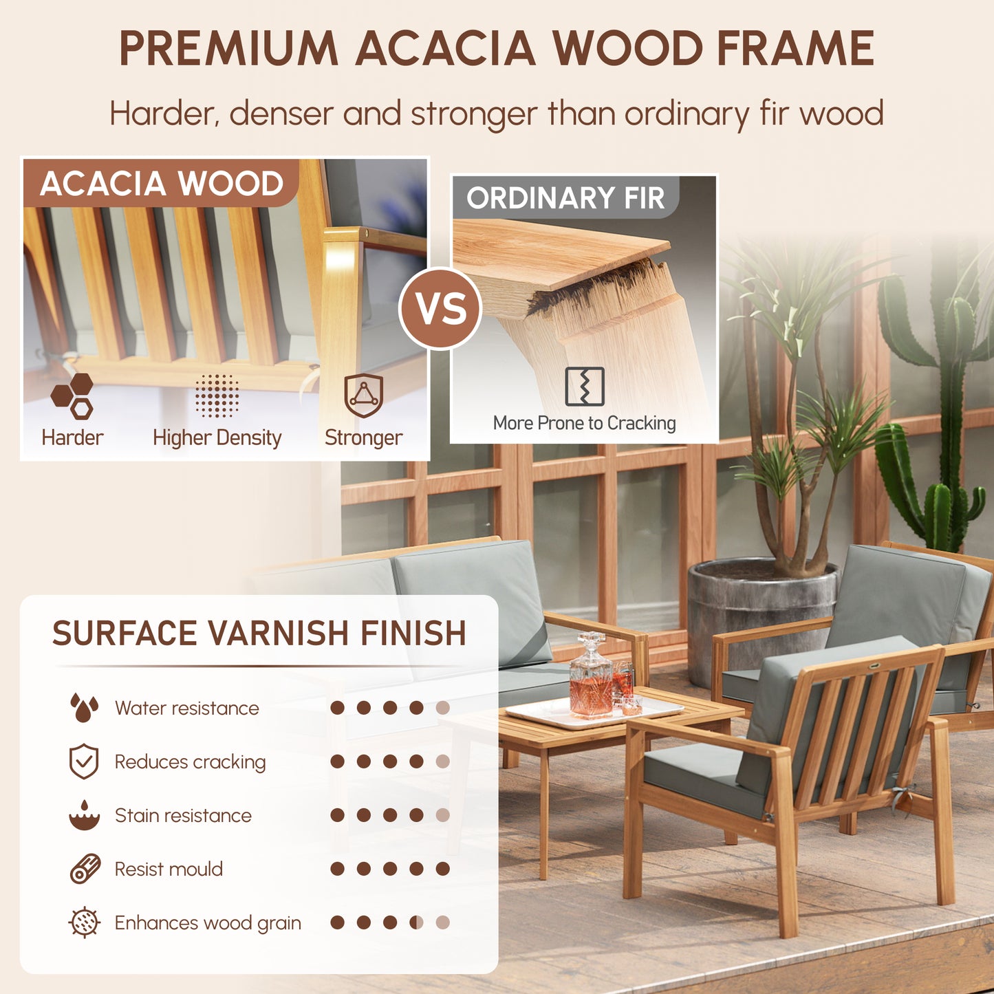 Outsunny 4 Piece Wooden Garden Furniture Set With Cushions Acacia Wood Patio Table And Loveseat Armchairs