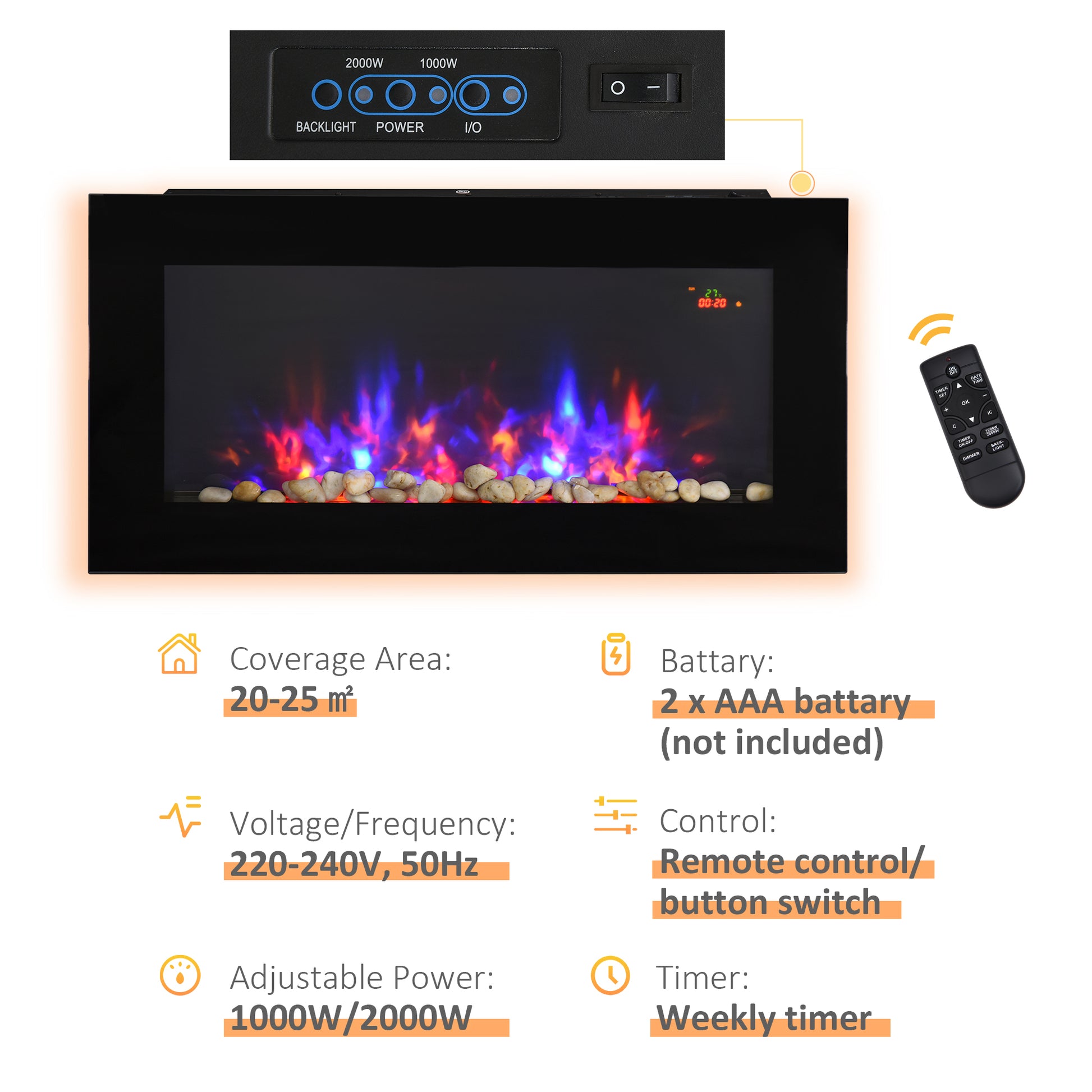 HOMCOM Sleek LED Electric Fireplace Heater with Remote Control and Faux Flame Effect - 1000W/2000W Adjustable Heat, Wall-Mounted Design - ALL4U RETAILER LTD