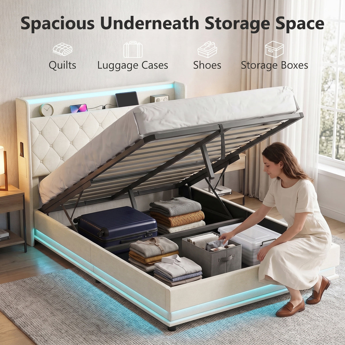 Homcom 4ft6 Double Bed Frame With Hydraulic Storage Led Lights Charging Cream