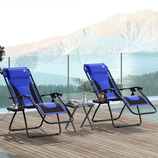 Outsunny Zero Gravity Lounger Chairs Set Of 2 Folding Reclining Patio Chairs With Padded Seats And Cup Holders Blue