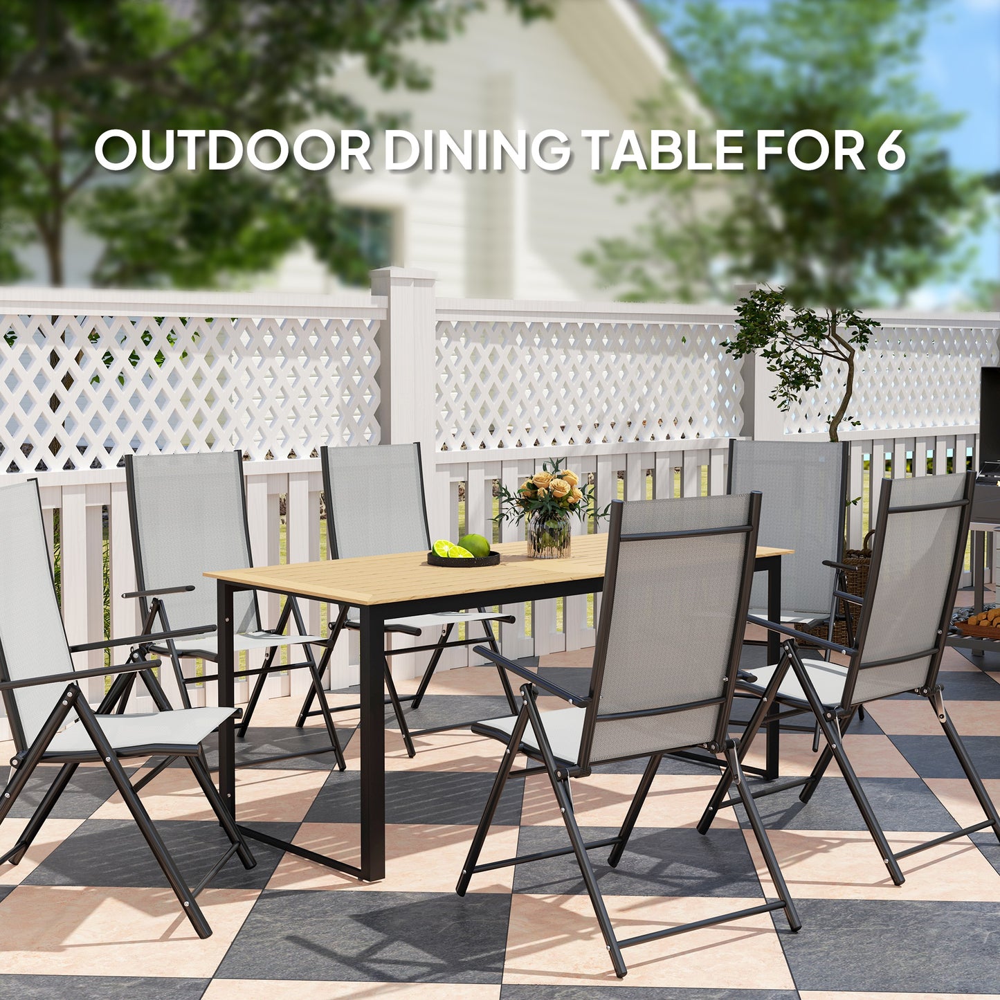 Outsunny 6 Person Outdoor Dining Table Rectangular With Slatted Top And Metal Frame 175x78x75 cm For Balcony Deck Teak