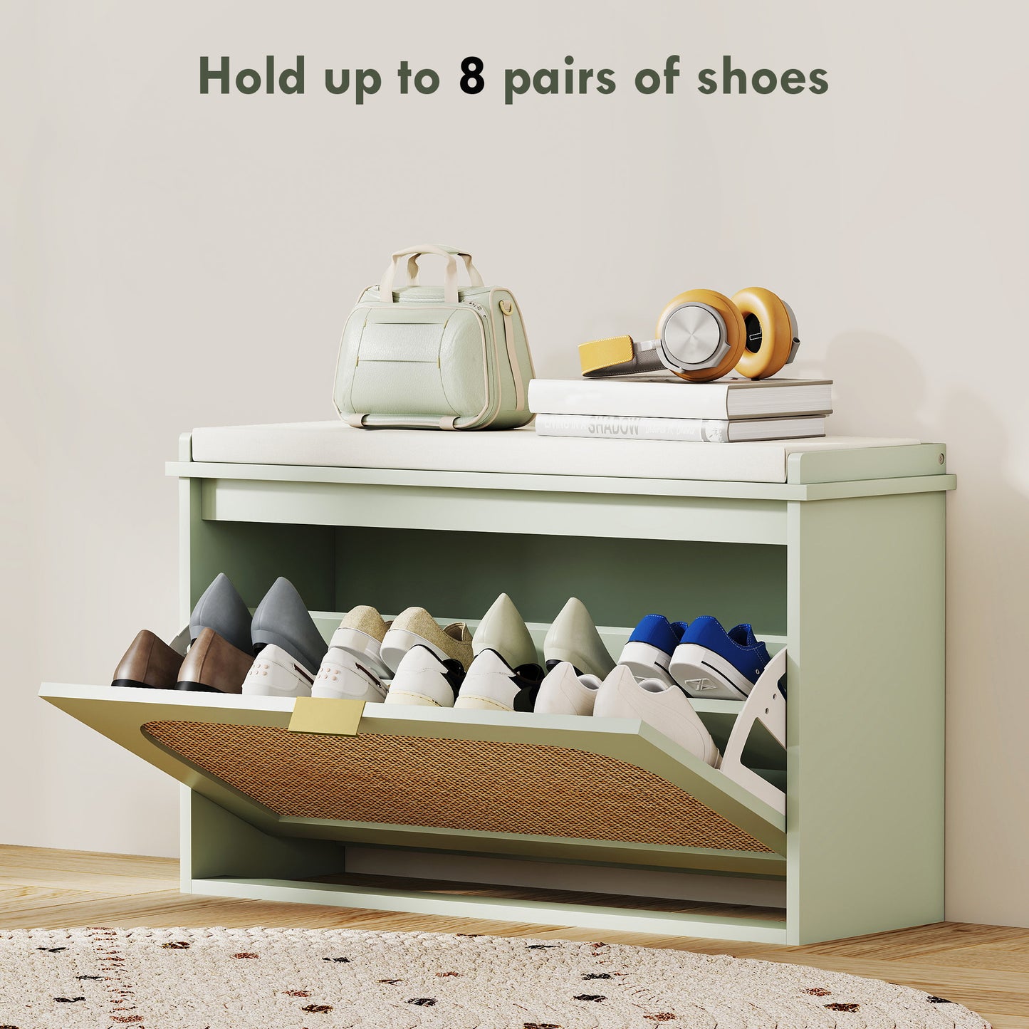 HOMCOM Boho Shoe Bench With Padded Seat And Flip Drawer Linen Feel Fabric Entryway Storage In Light Green