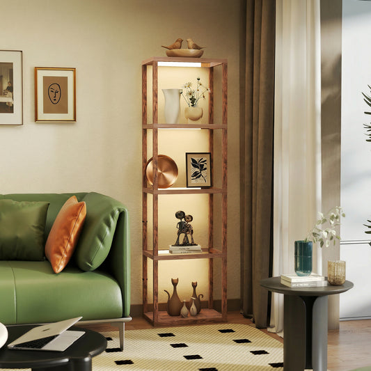 Homcom Four-Shelf Floor Lamp With Rustic Brown Finish Tempered Glass Shelves Warm White LEDs Three Brightness Levels