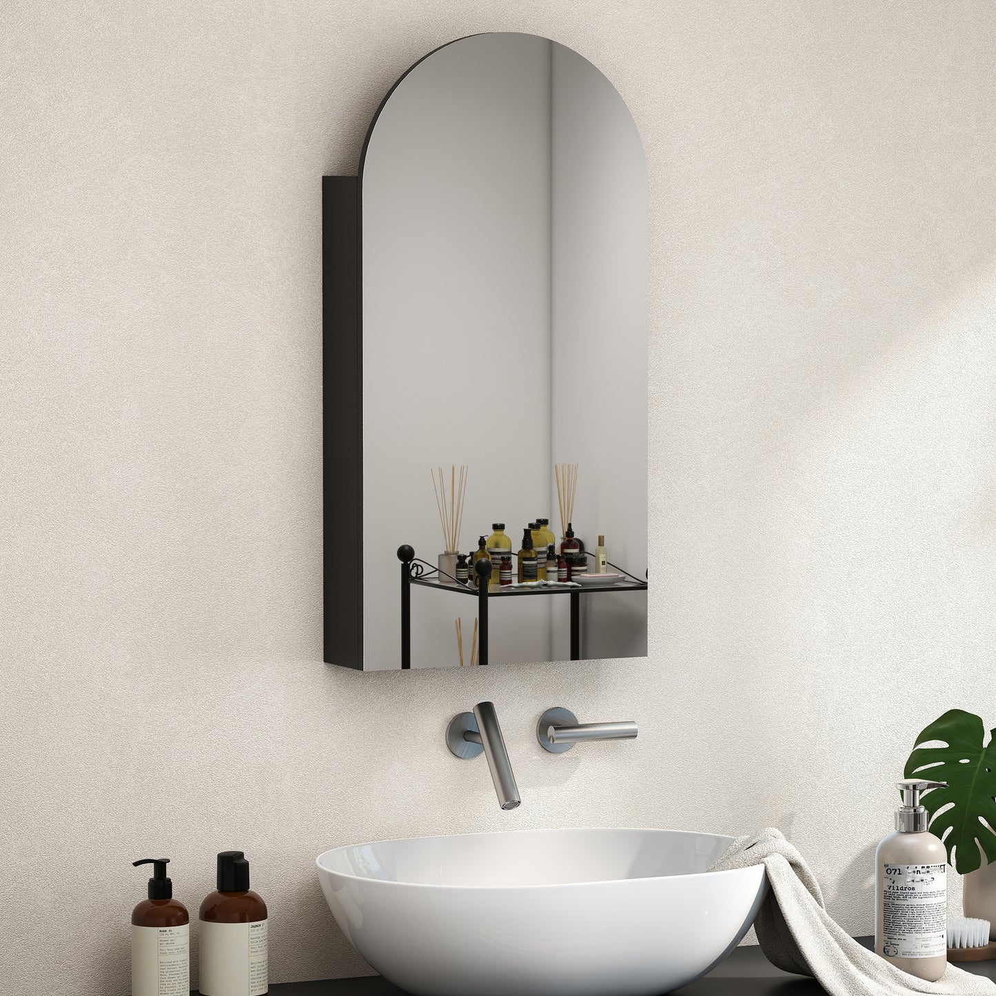 HOMCOM Arched Bathroom Mirror Cabinet With Adjustable Glass Shelves Black Finish