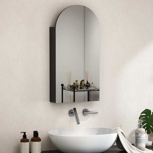 HOMCOM Arched Bathroom Mirror Cabinet With Adjustable Glass Shelves Black Finish