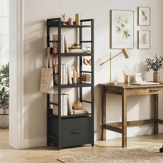 HOMCOM 4 Tier Narrow Bookshelf With Drawer And 8 Hooks Metal Frame Black Storage Display Shelving For Small Spaces