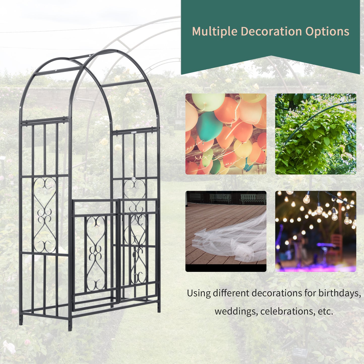 Outsunny Garden Arch With Gates Metal Arbor For Climbing Plants Roses Vines Wedding Arch 114L X 50W X 206H Cm Dark Grey