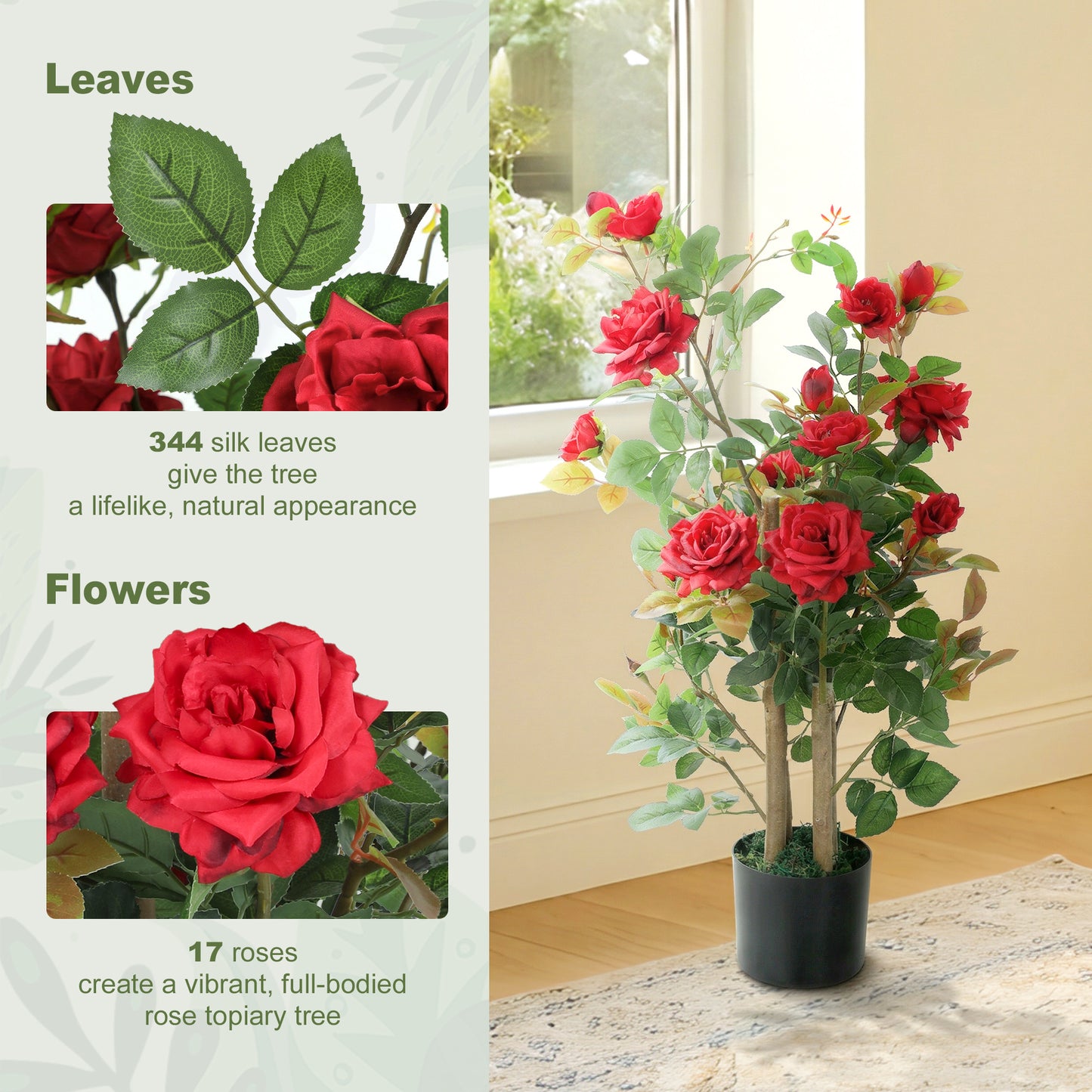 HOMCOM 90cm Artificial Rose Tree With 344 Silk Leaves And 17 Flowers For Outdoor Indoor Decor Red