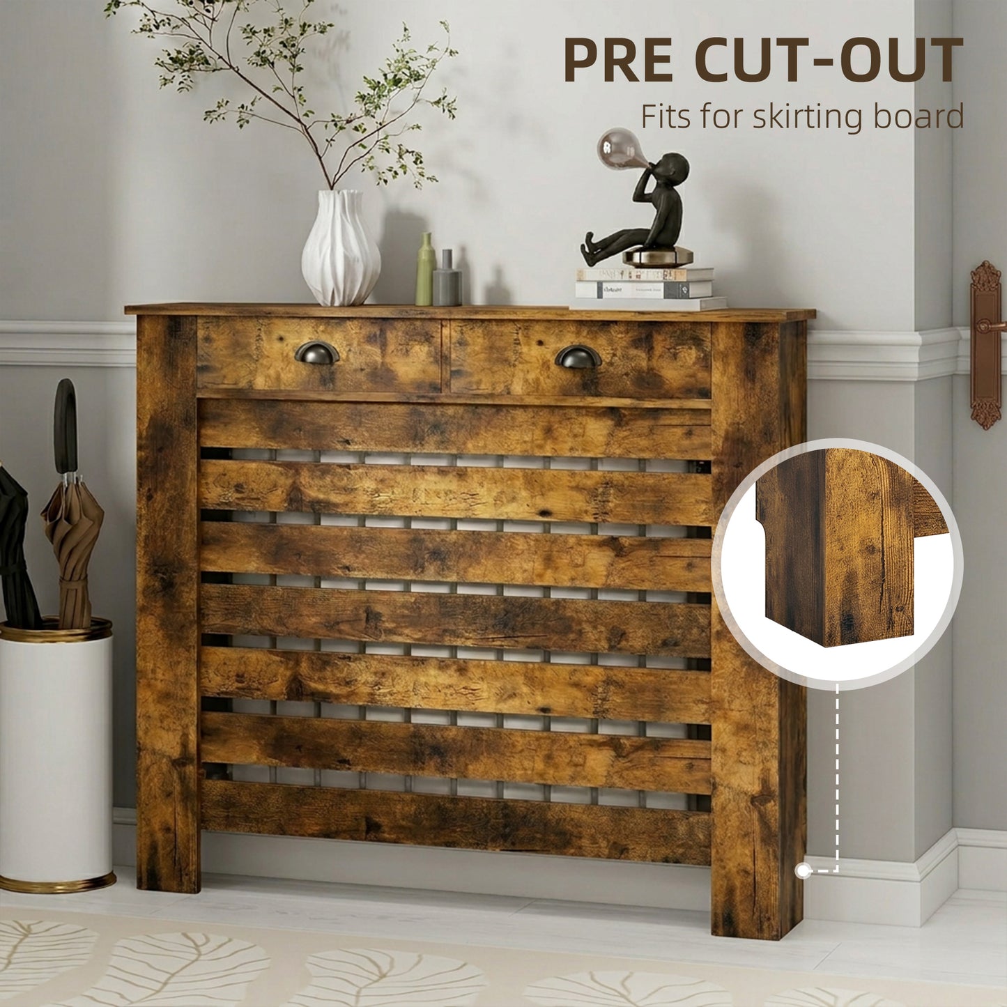 HOMCOM Rustic Brown Radiator Cover With Drawer 95.5 Centimeter High 111 Centimeter Wide Slatted Design