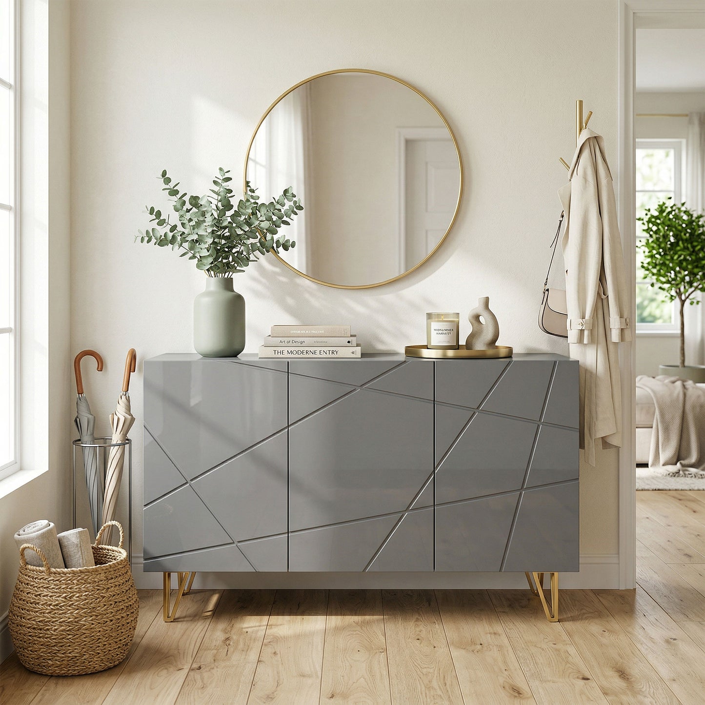 HOMCOM Modern Luxe High Gloss Sideboard with Hairpin Legs in Grey Gold Colored Finish with Two Large Storage Areas