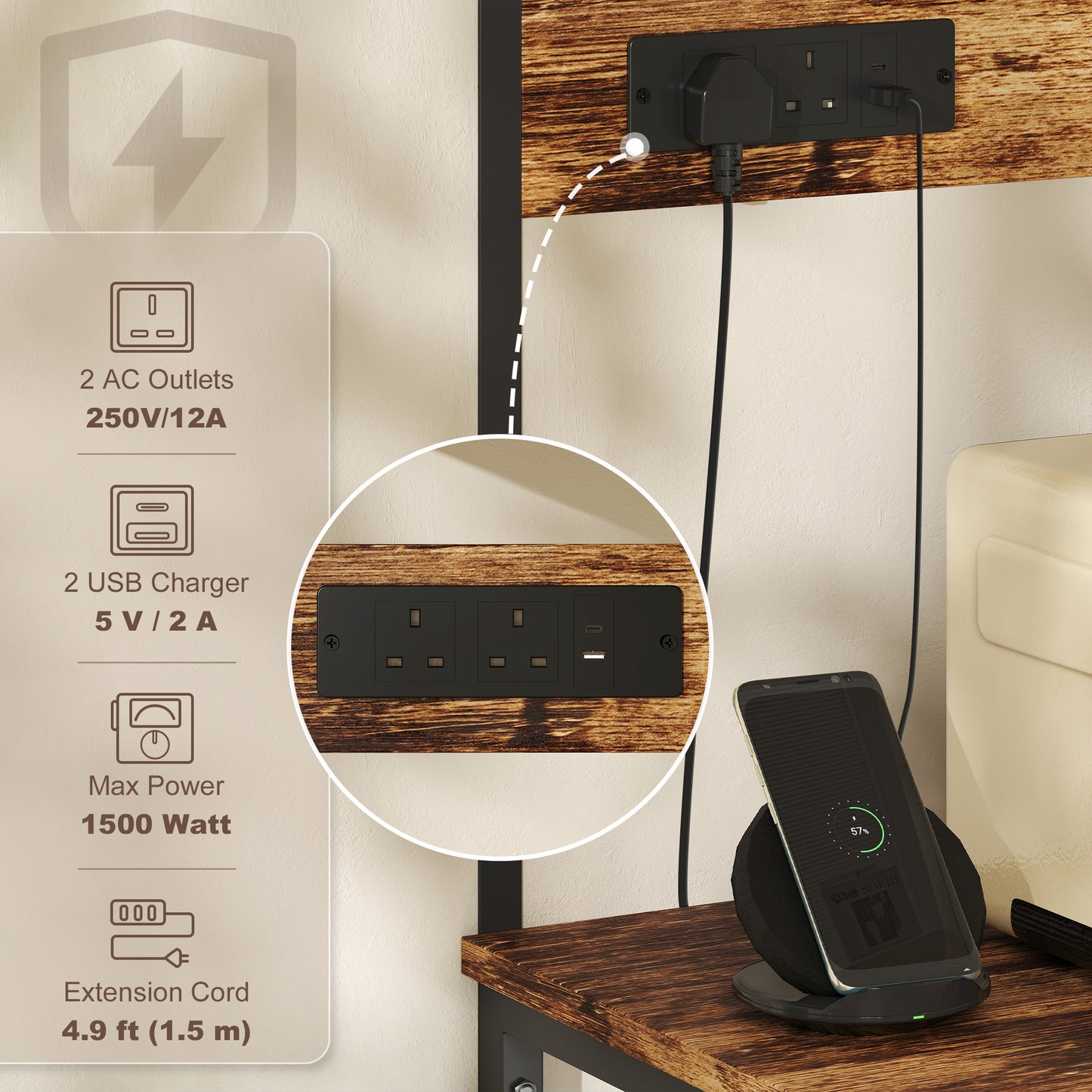 HOMCOM Kitchen Storage Rack With Power Outlet And USB Charger Rustic Brown Bakers Rack For Kitchen Organization