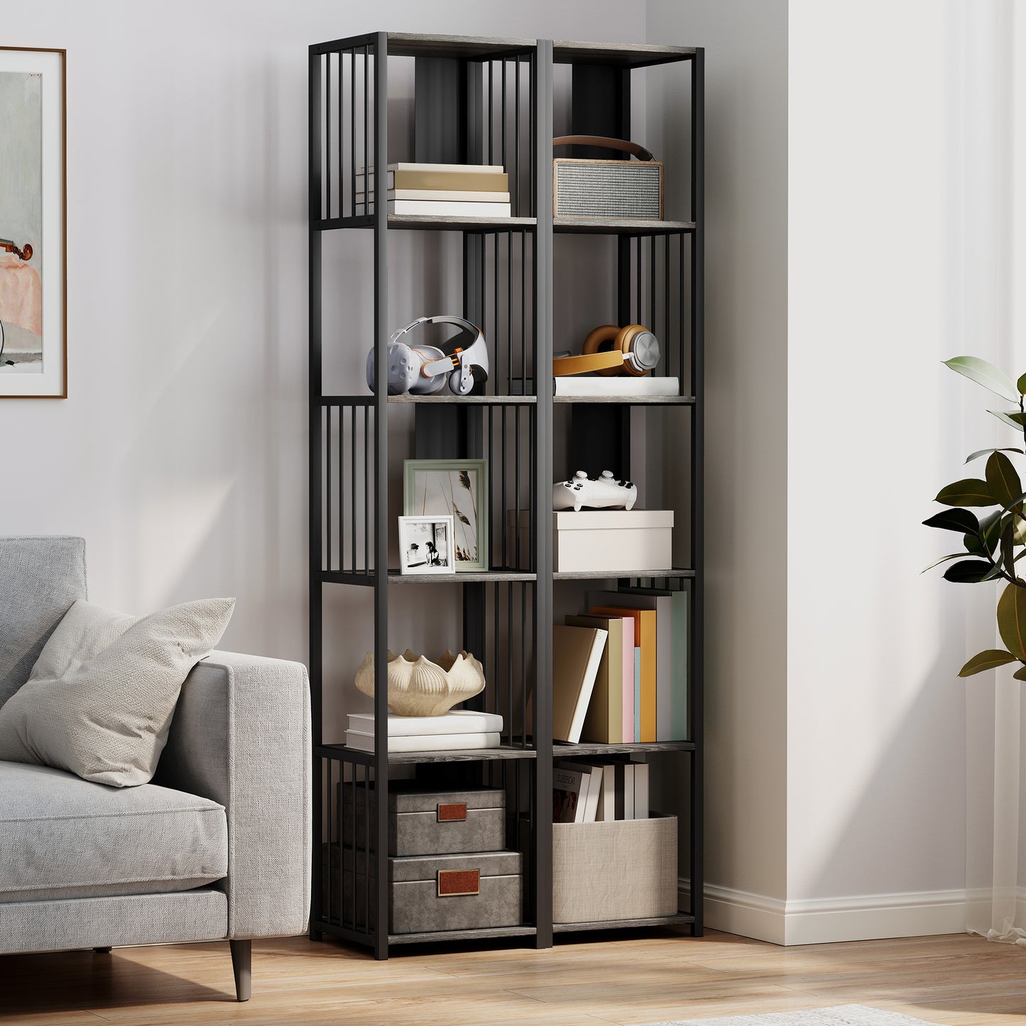 Homcom 5 Tier Bookshelf With Steel Frame Grey Wood Effect MDF Black Steel Anti Tip Straps Holds 60 Kg