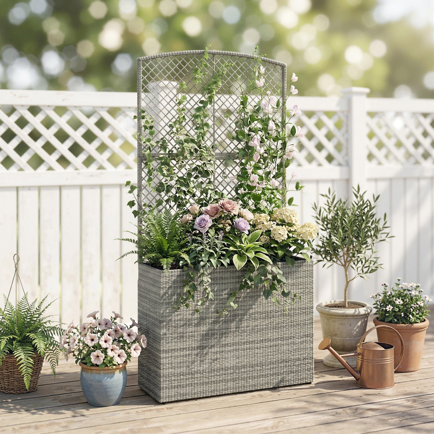 Outsunny Rattan Planter With Trellis Raised Bed Garden Planter Liner For Climbing Plants Vegetables Flowers Dark Grey