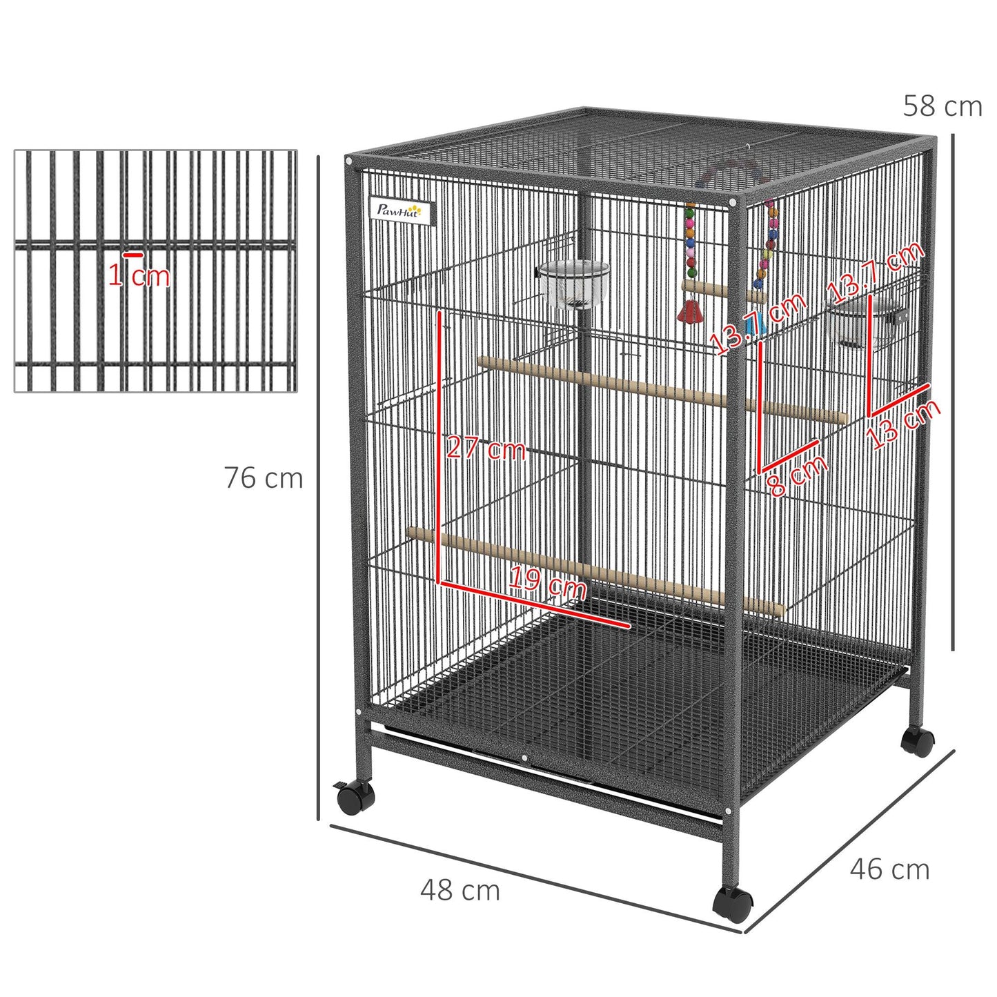 PawHut Bird Cage with Rolling Stand for Small Birds - Grey - ALL4U RETAILER LTD