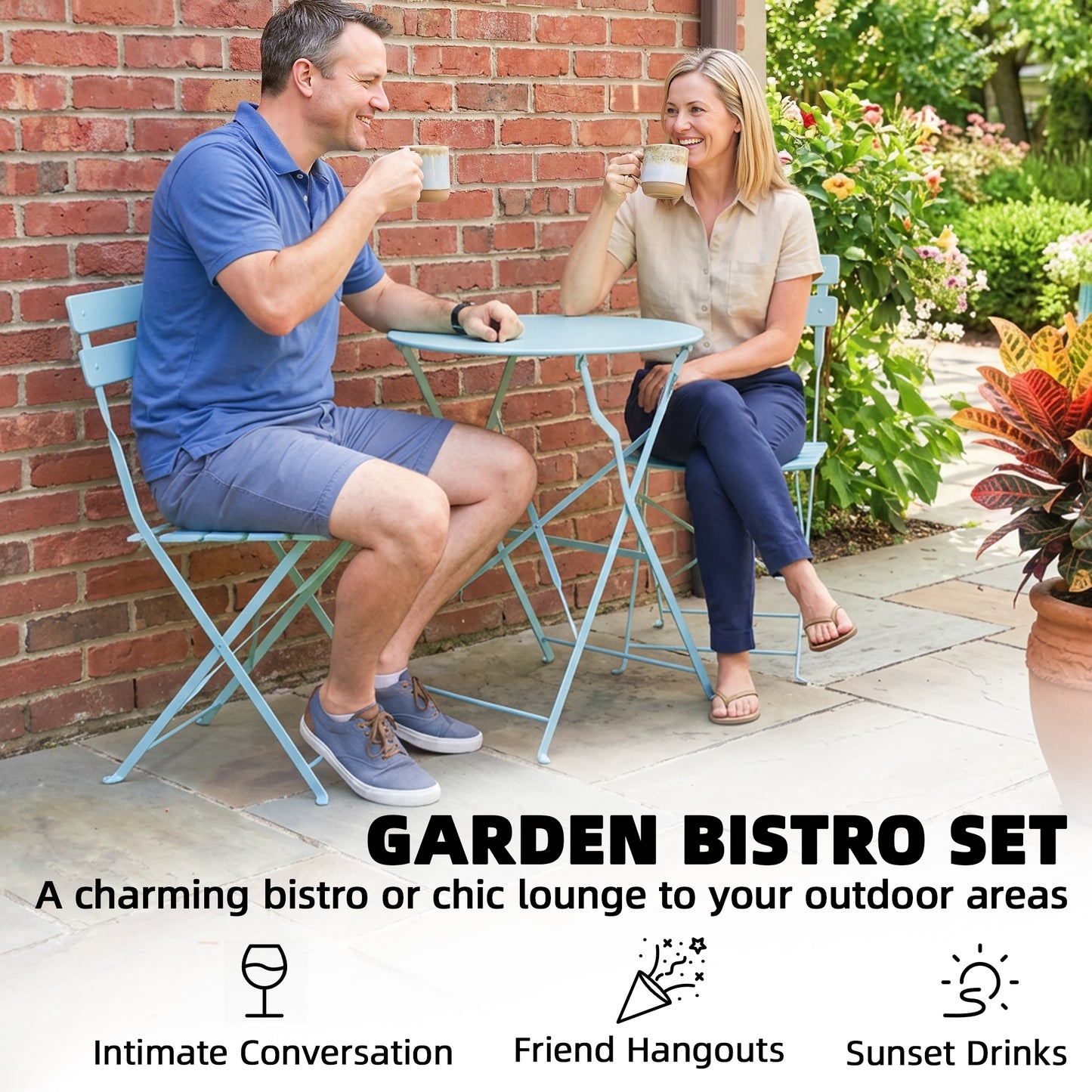 Outsunny Folding Garden Bistro Set for Two with Round Table and Chairs Electrophoresis Metal Frame Light Blue