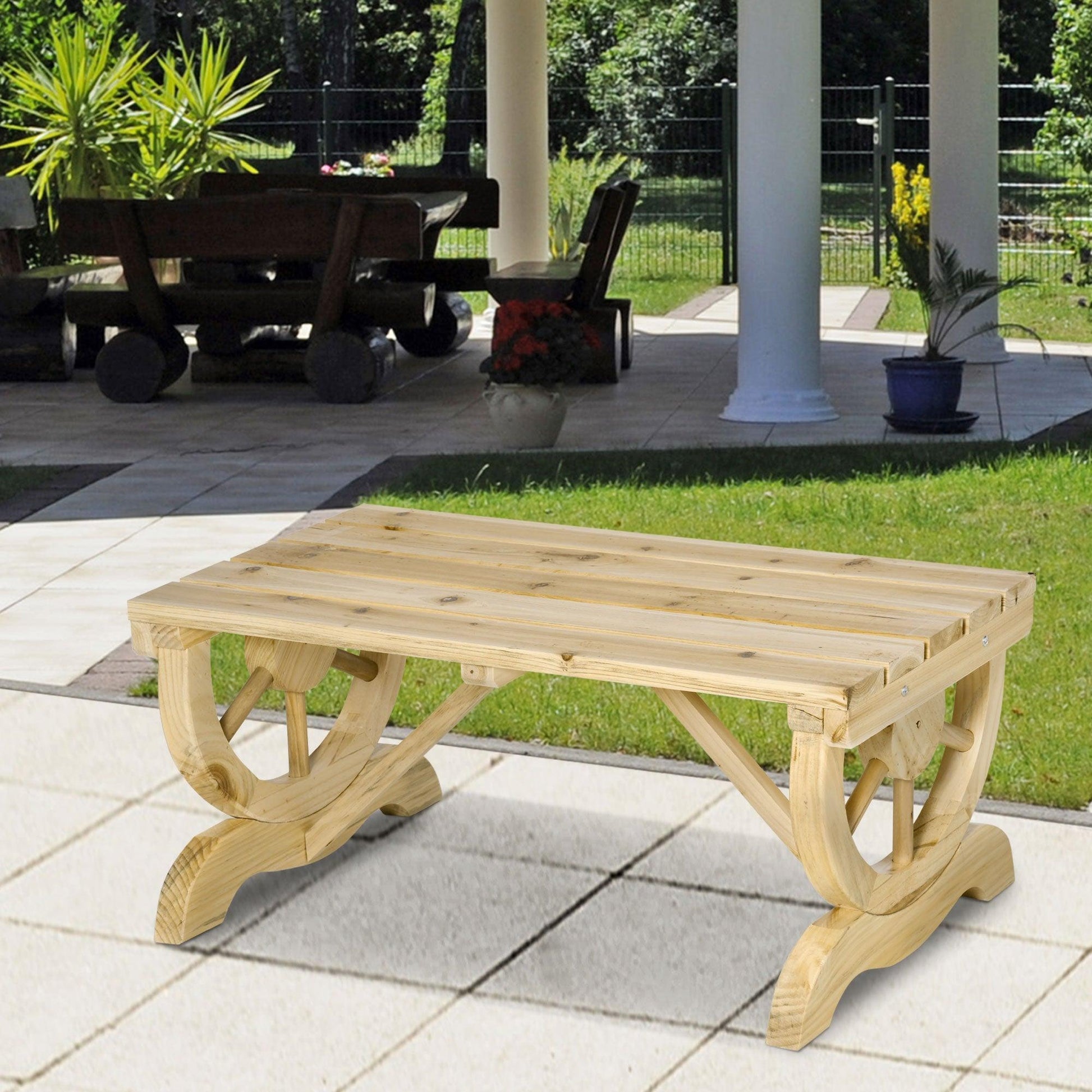 Outsunny 2-Person Garden Bench Rustic Wooden Outdoor Bench with Wheel-Shaped Legs Slatted Seat for Patio Natural Wood Effect - ALL4U RETAILER LTD