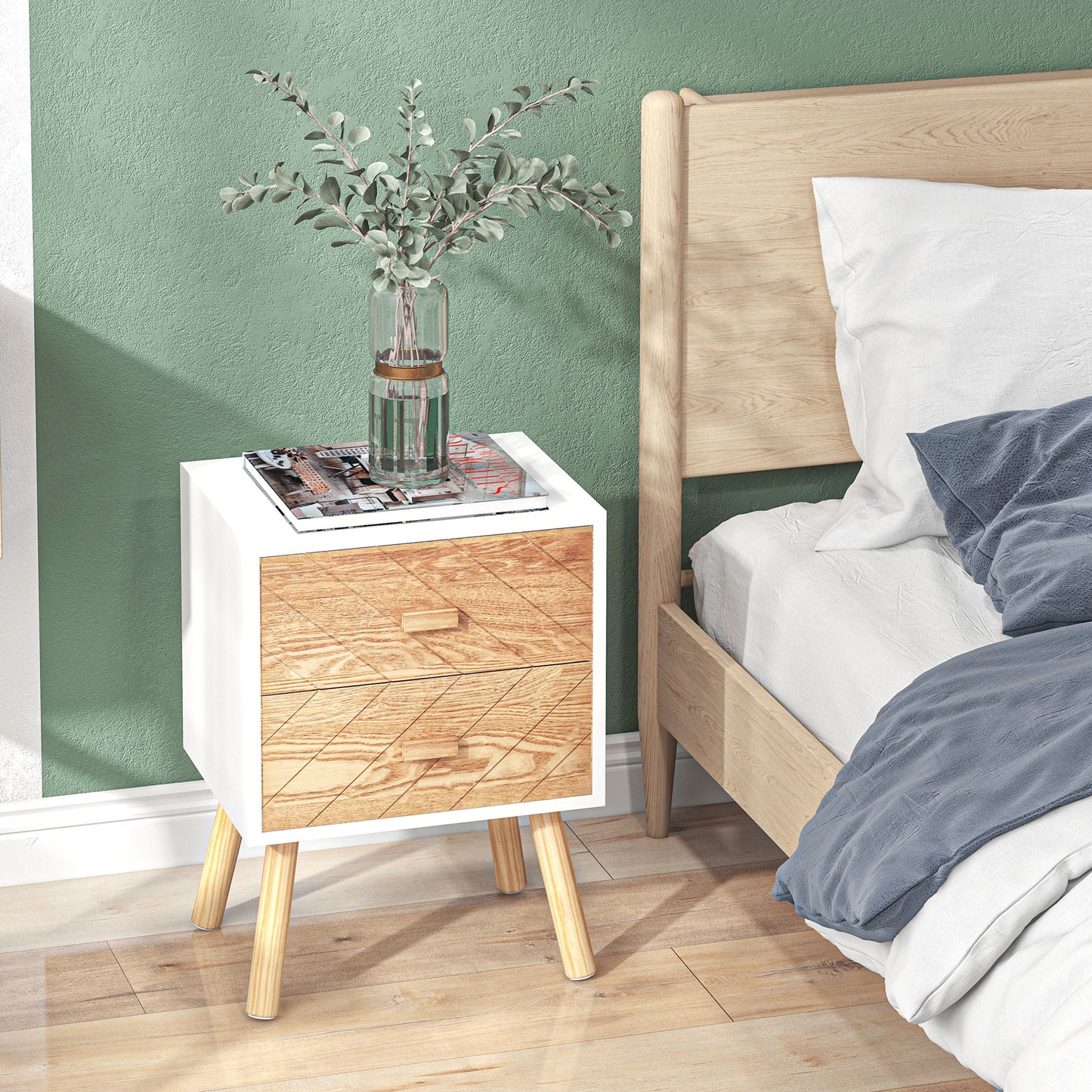 HOMCOM Bedside Table Set of 2 Modern Nightstands with Drawers and Pine Wood Legs White and Natural
