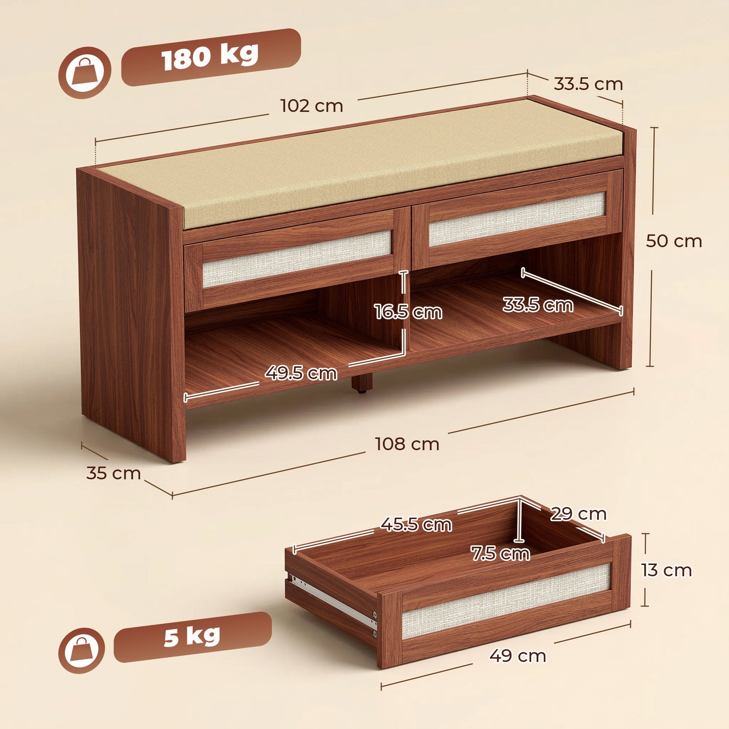 HOMCOM Boho Shoe Storage Bench With Cushioned Seat Open Shelf And Two Rattan Drawers Brown