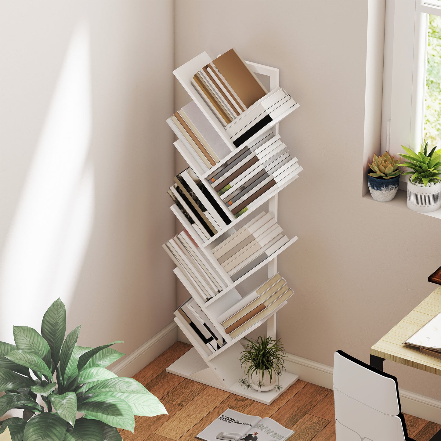 HOMCOM 9-Tier Tree Bookshelf Bookcase Freestanding Industrial Steel Frame Display Storage White