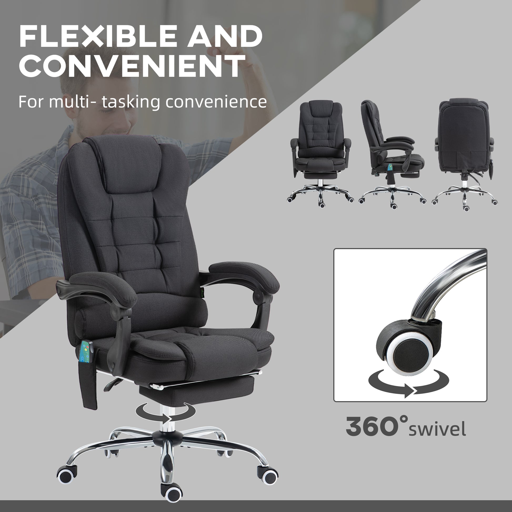 Vinsetto Heated Massage Office Chair with 6 Vibration Points and Reclining Feature - Black - ALL4U RETAILER LTD