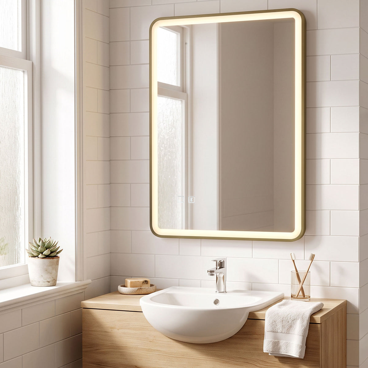 Wall-mounted gold LED bathroom mirror with rounded-rectangle frame and glowing edge