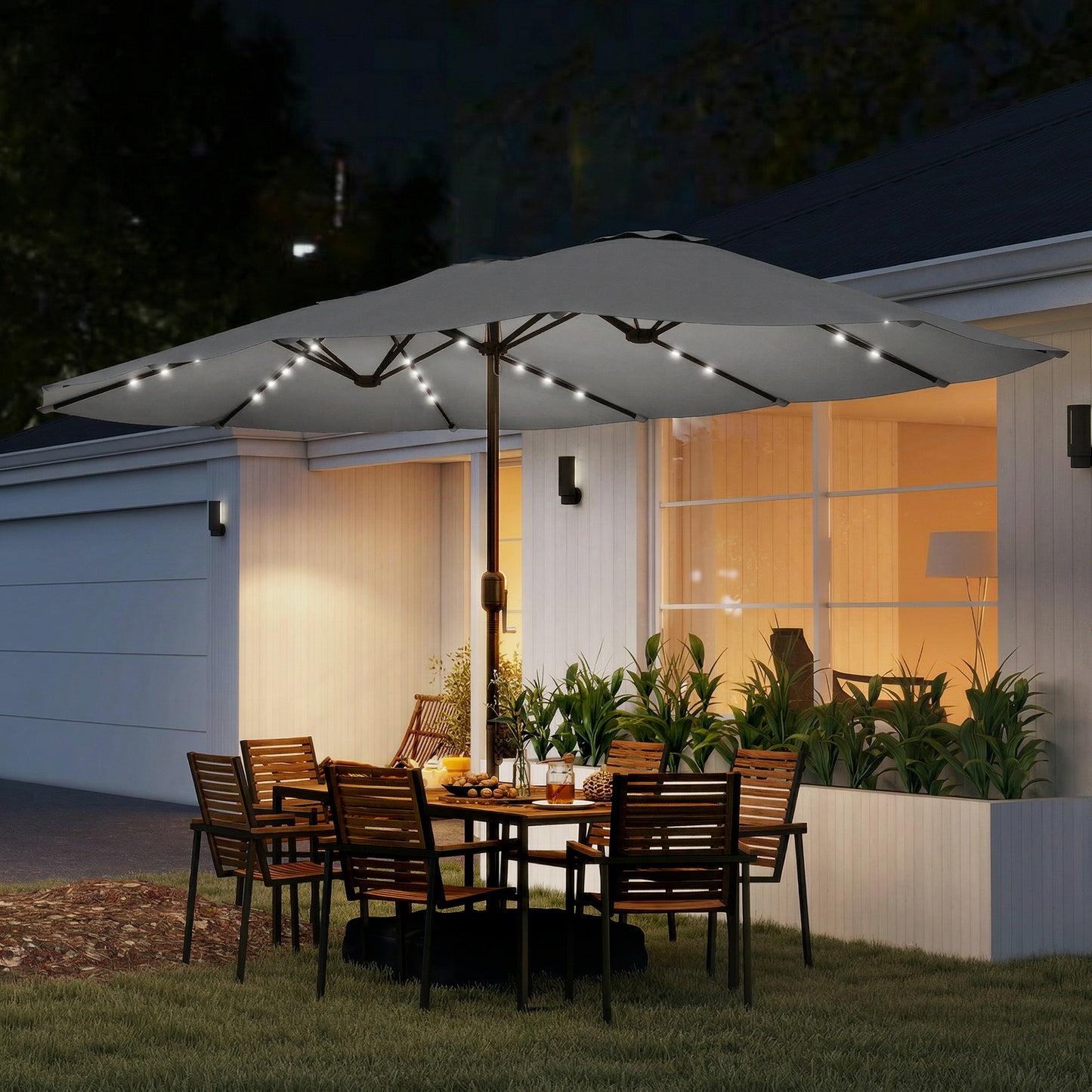 Outsunny Double Sided Patio Umbrella With Solar Lights Base Premium Grey Outdoor Shade