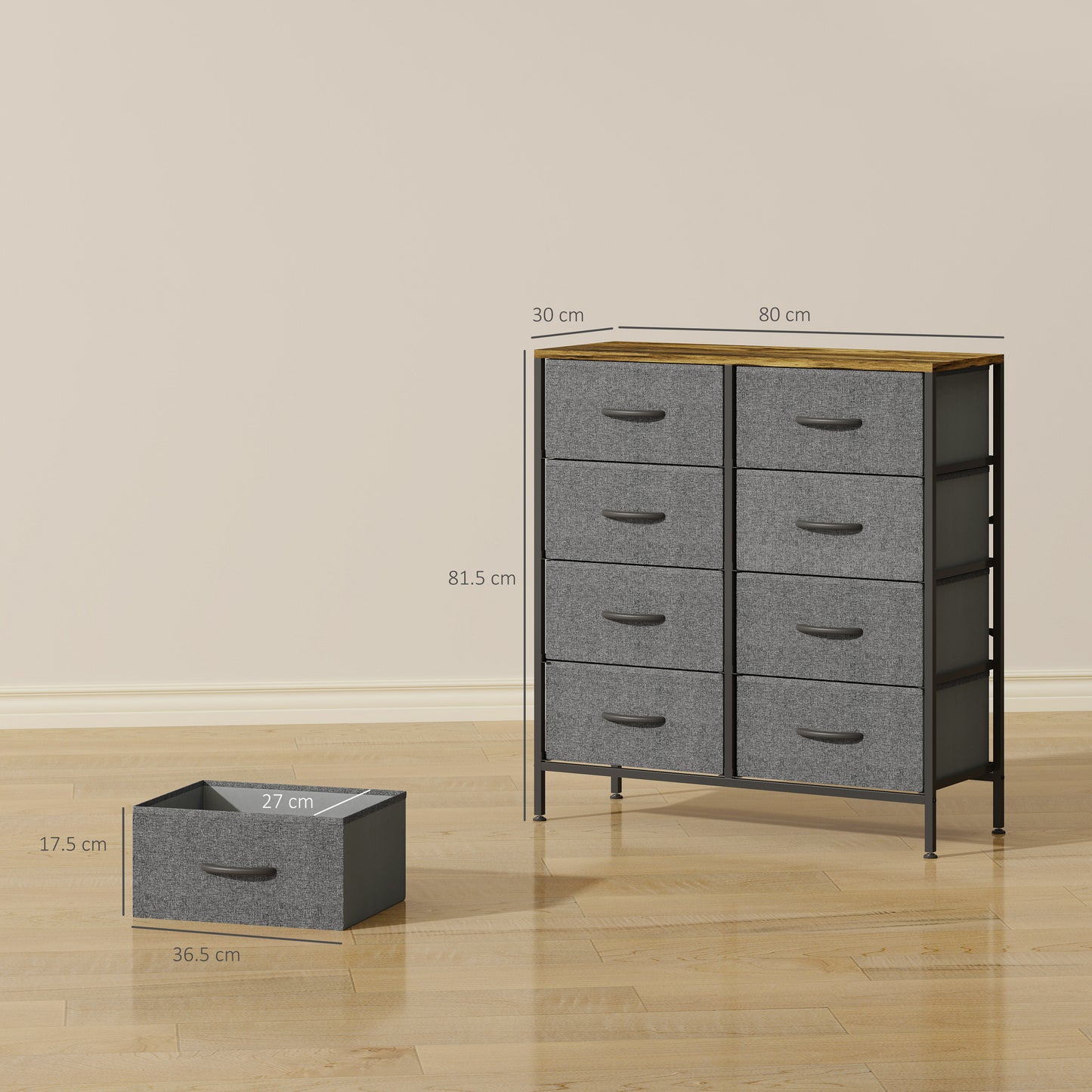 Fabric Chest Of Drawers With Eight Drawers Steel Frame With Wood Top Rustic Brown Grey For Bedroom Nursery Living Room