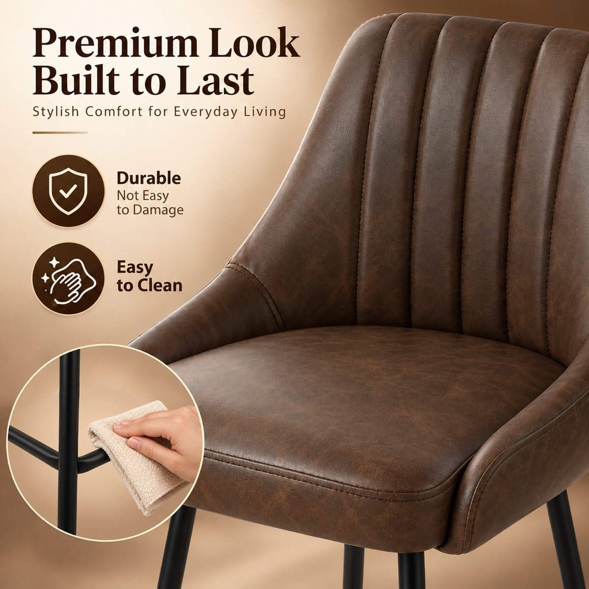 Dark brown bar stool seat and backrest with vertical tufting and rounded armrests, black base
