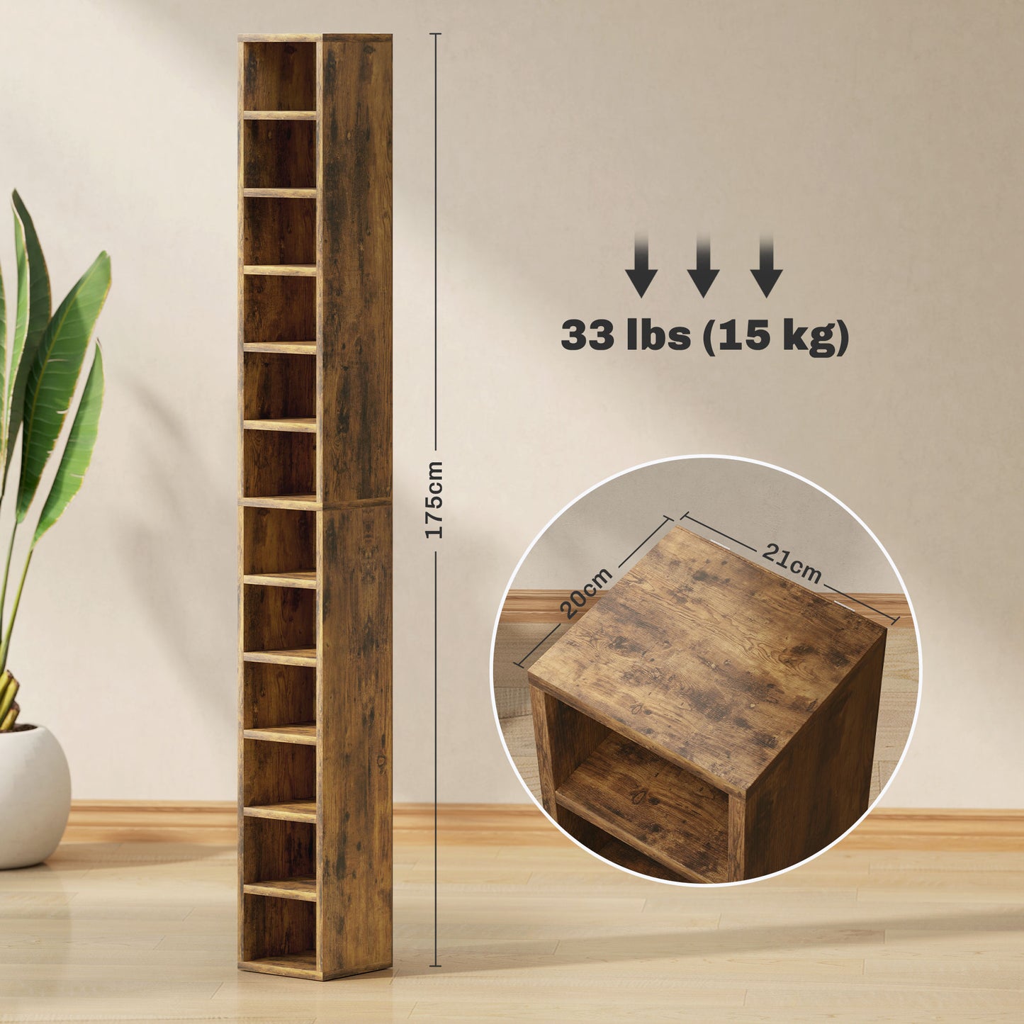 HOMCOM 12 Tier CD Storage Tower Tall Narrow Rustic Brown Media Organizer Anti tipping Design Holds 204 CDs