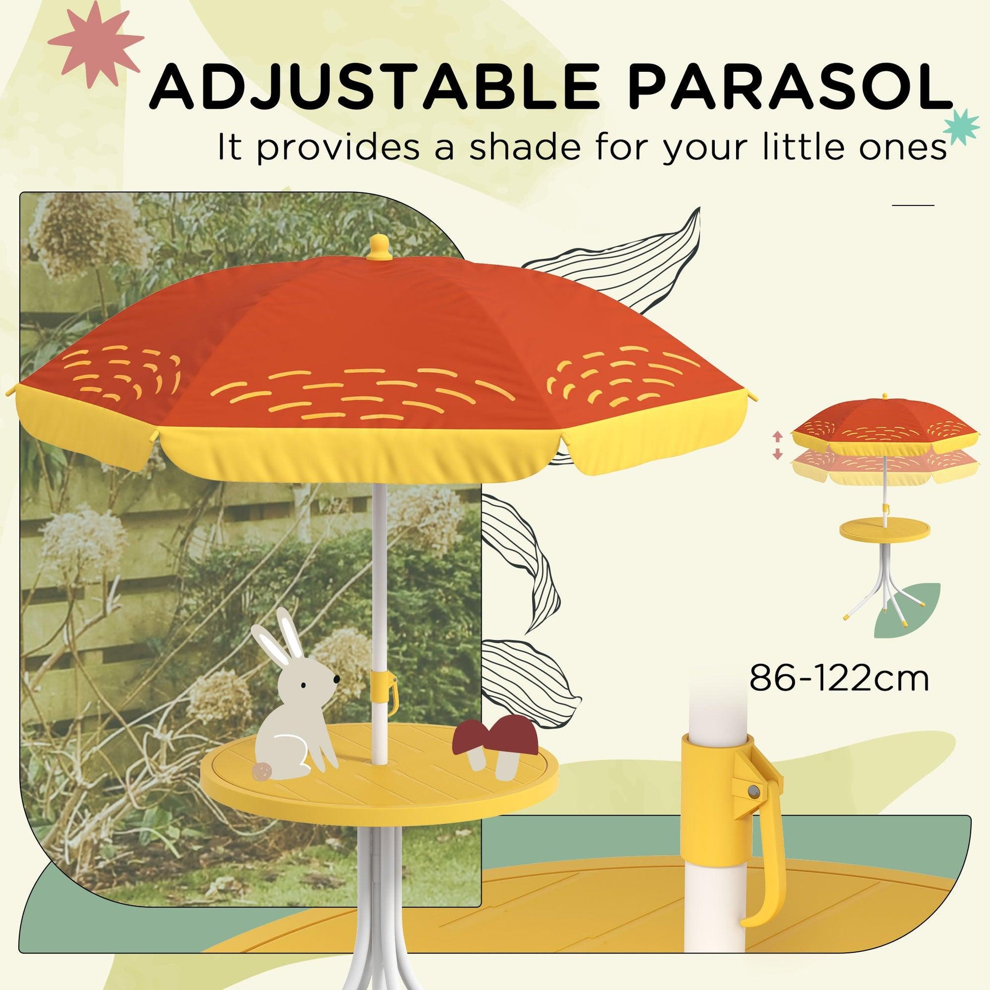 Outsunny Kids Picnic Table and Chair Set Lion Themed Outdoor Garden Furniture w/ Foldable Chairs, Adjustable Parasol - Yellow - ALL4U RETAILER LTD