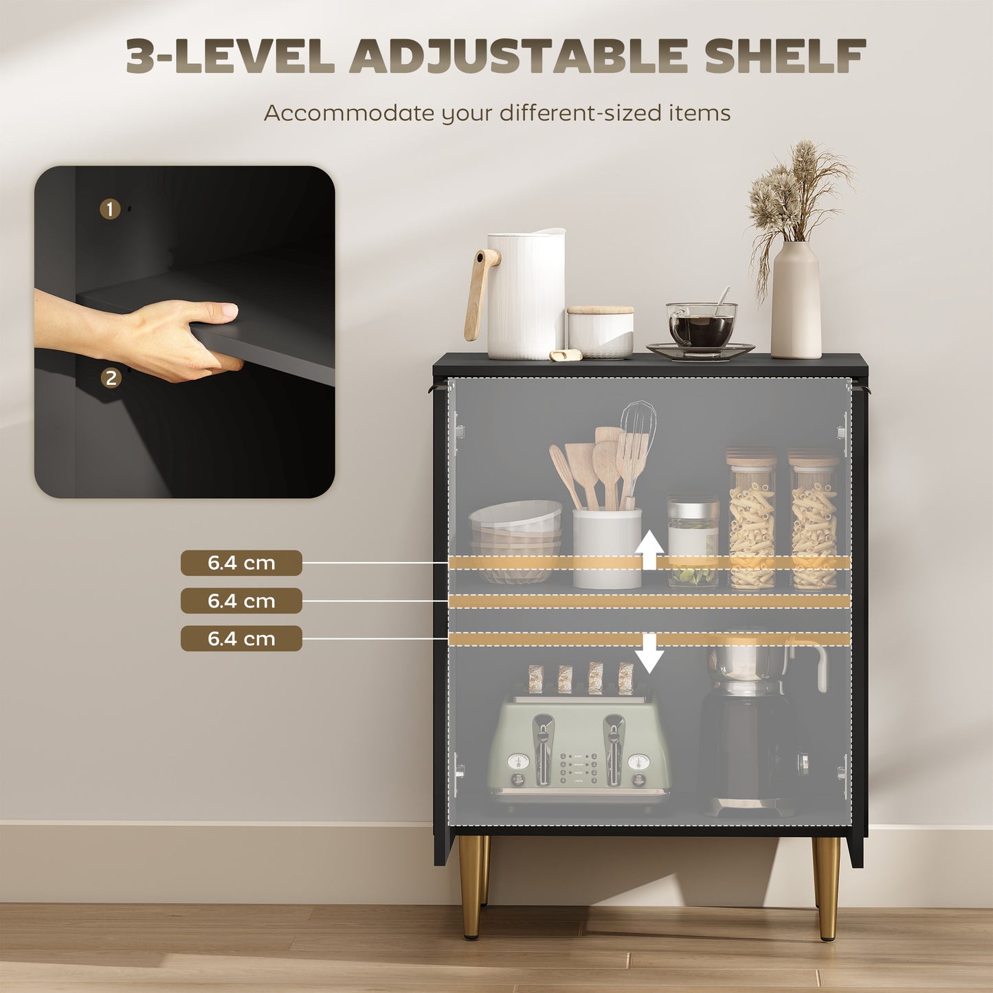 HOMCOM Sideboard Buffet Cabinet Modern Kitchen Storage Cabinet With Adjustable Shelves And Metal Legs Black