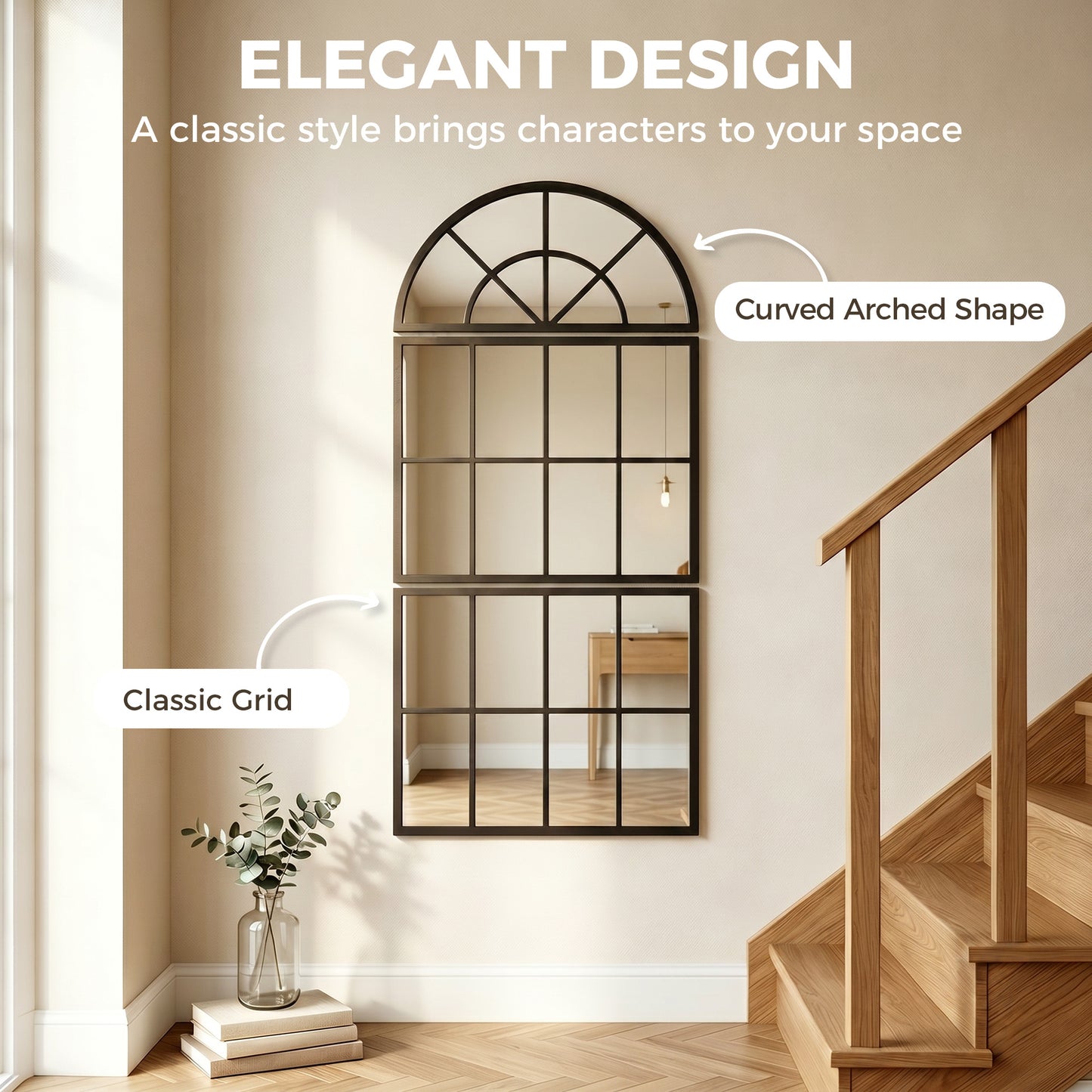 HOMCOM Large Arched Wall Mirror Set With Metal Grid 3 Piece Split Window Mirrors 120 x 54 cm Black