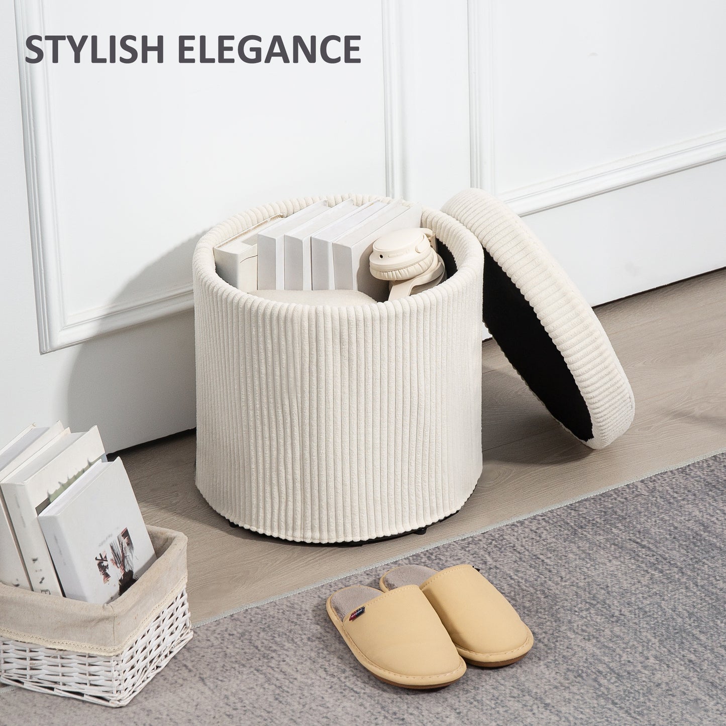 HOMCOM 40cm Round Storage Ottoman With Removable Lid And Legs In Corduroy Beige Vanity Stool And Storage Seat