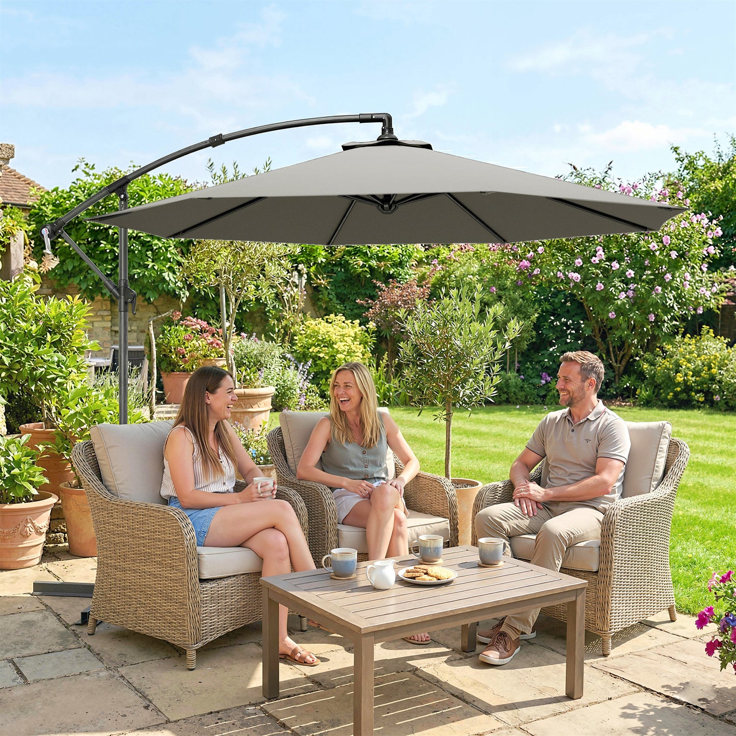 Outsunny 3M Overhanging Cantilever Parasol With Cross Base Light Grey Outdoor Umbrella For Patio