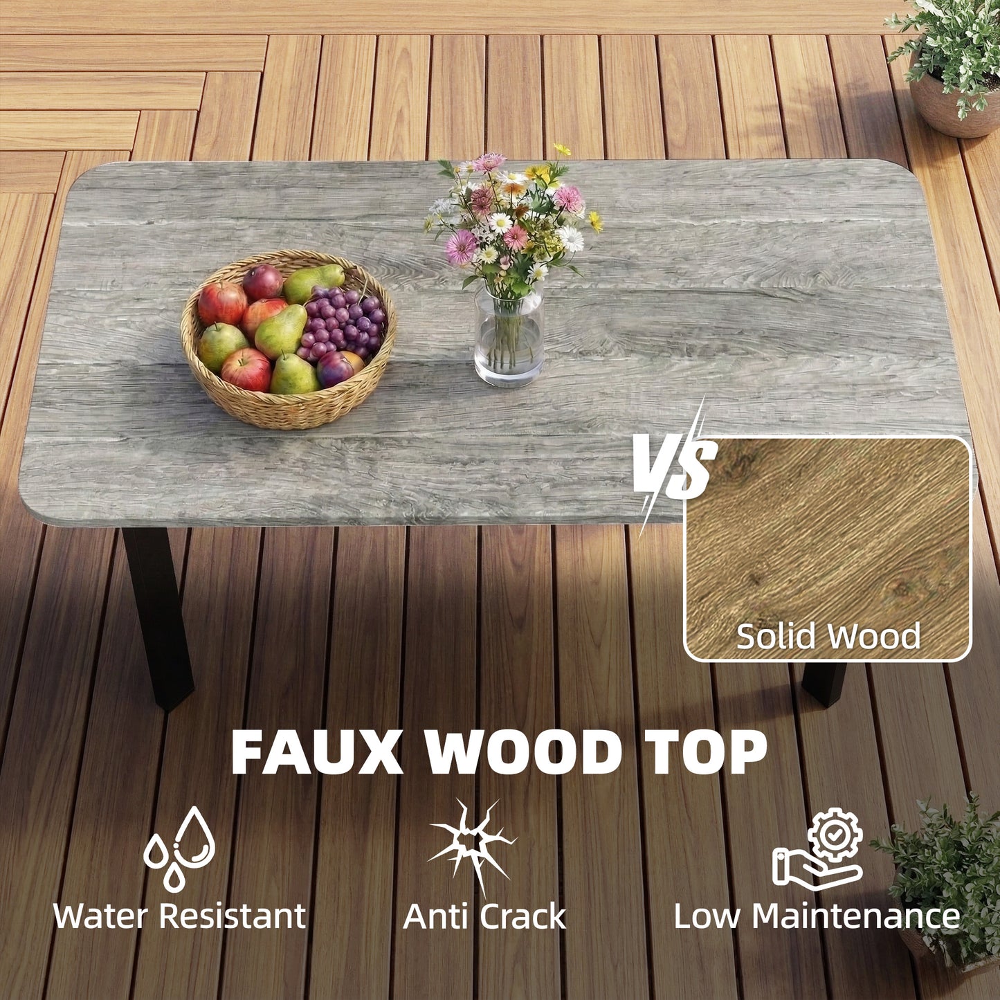 Outsunny Outdoor Garden Coffee Table With Slatted Wood Plastic Composite Top And Metal Frame Grey