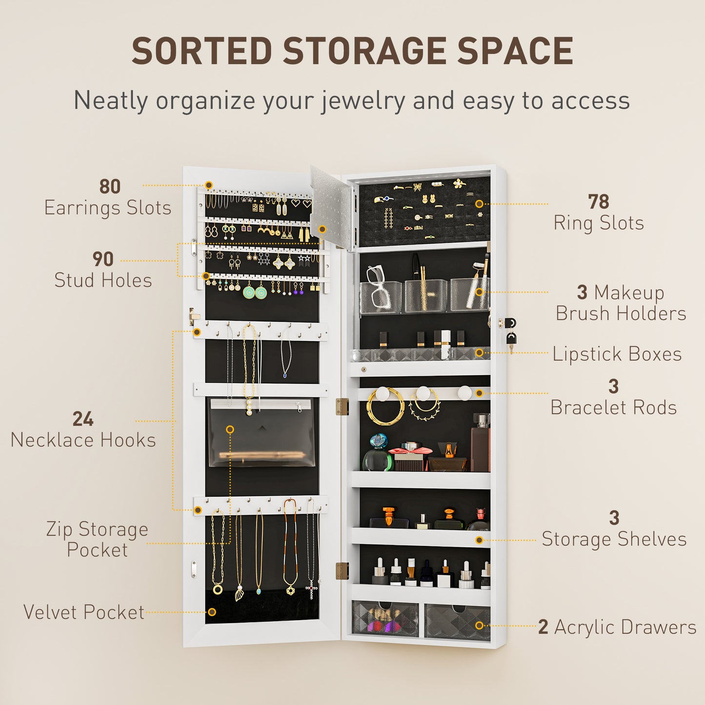 HOMCOM Lockable Jewellery Cabinet With LED Lights 108 x 37cm White Surface Black Lining Mirrored Jewellery Organizer