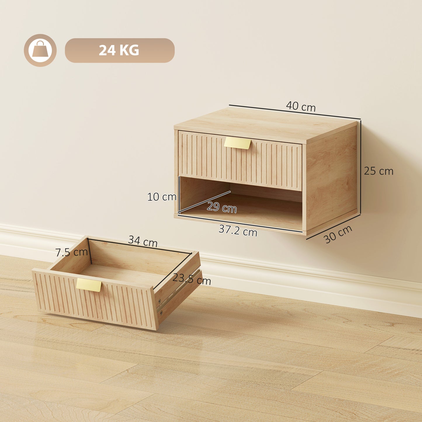 HOMCOM Set Of 2 Wall Mounted Nightstands Floating Bedside Tables With Fluted Drawer And Open Shelf For Small Bedroom Oak