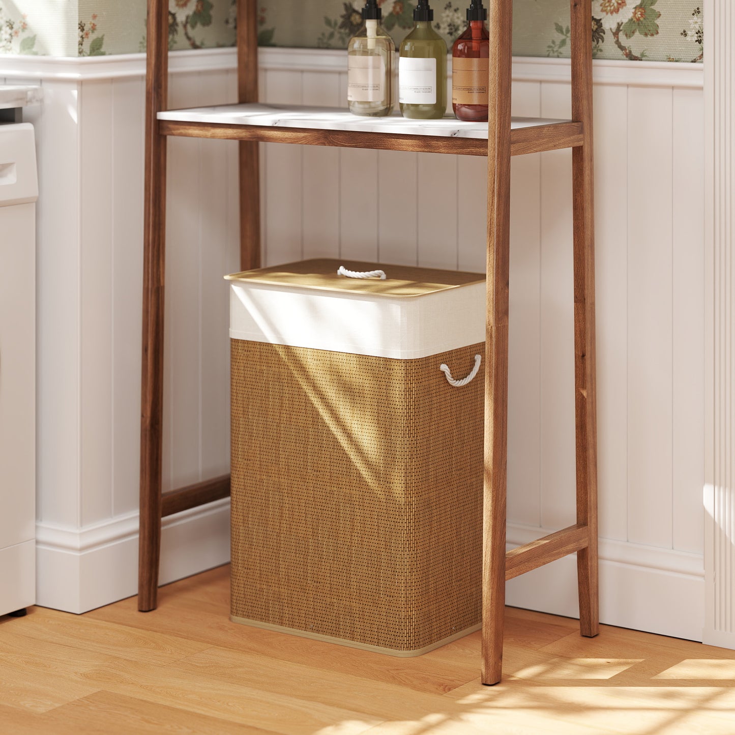 HOMCOM Bamboo Laundry Basket With Lid 72L Hamper With Rope Handles And Removable Liner Bag Brown