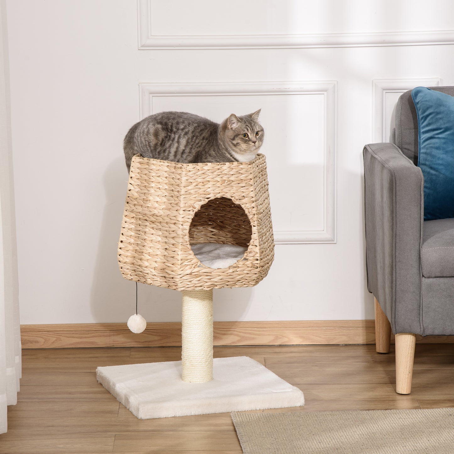 PawHut Multi-Level Cat Activity Center with Plush Bed and Scratching Post - Natural 45x45x66cm - ALL4U RETAILER LTD