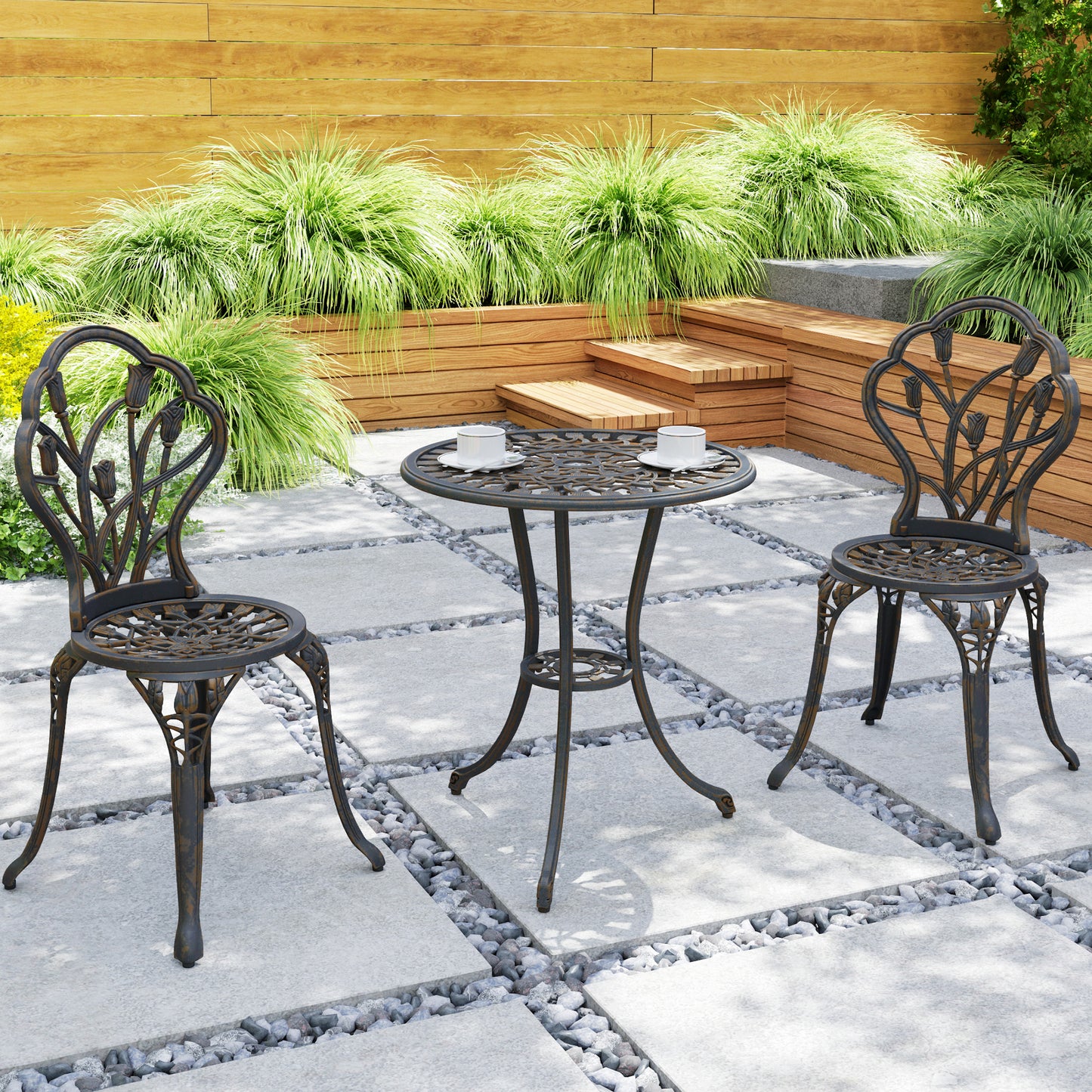 Outsunny 3 Piece Patio Bistro Set For 2 Outdoor Aluminum Garden Table And Chairs With Umbrella Hole Bronze Tone