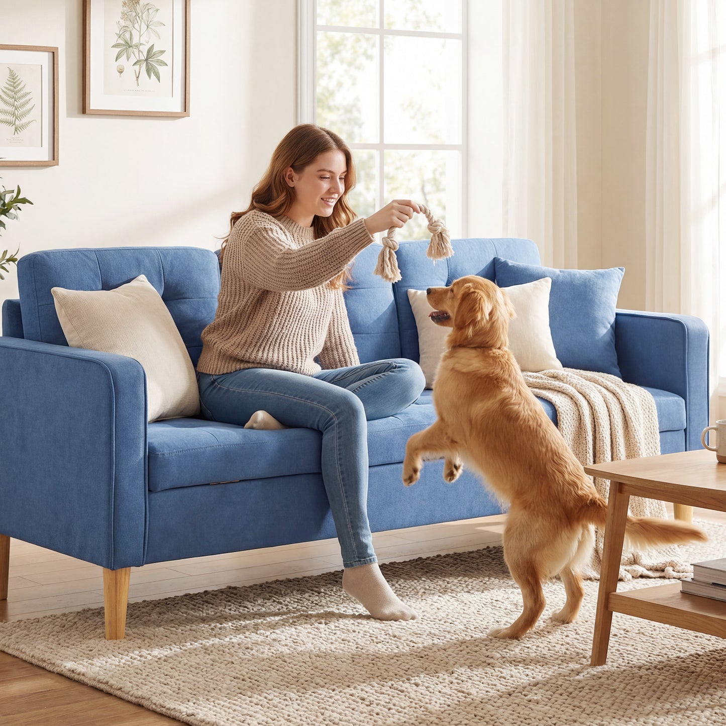 HOMCOM Three Seater Sofa Blue With Hidden Storage And Wood Legs 169cm Couch For Living Room