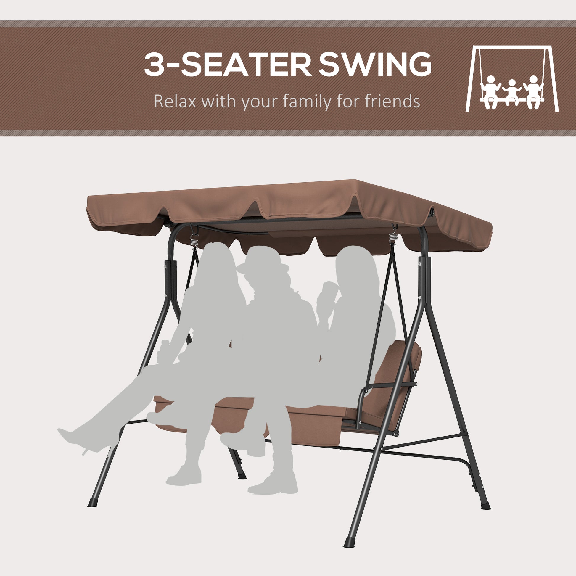 Outsunny 3-Seat Garden Swing Chair with Adjustable Canopy for Patio, Brown - Improve SEO - ALL4U RETAILER LTD